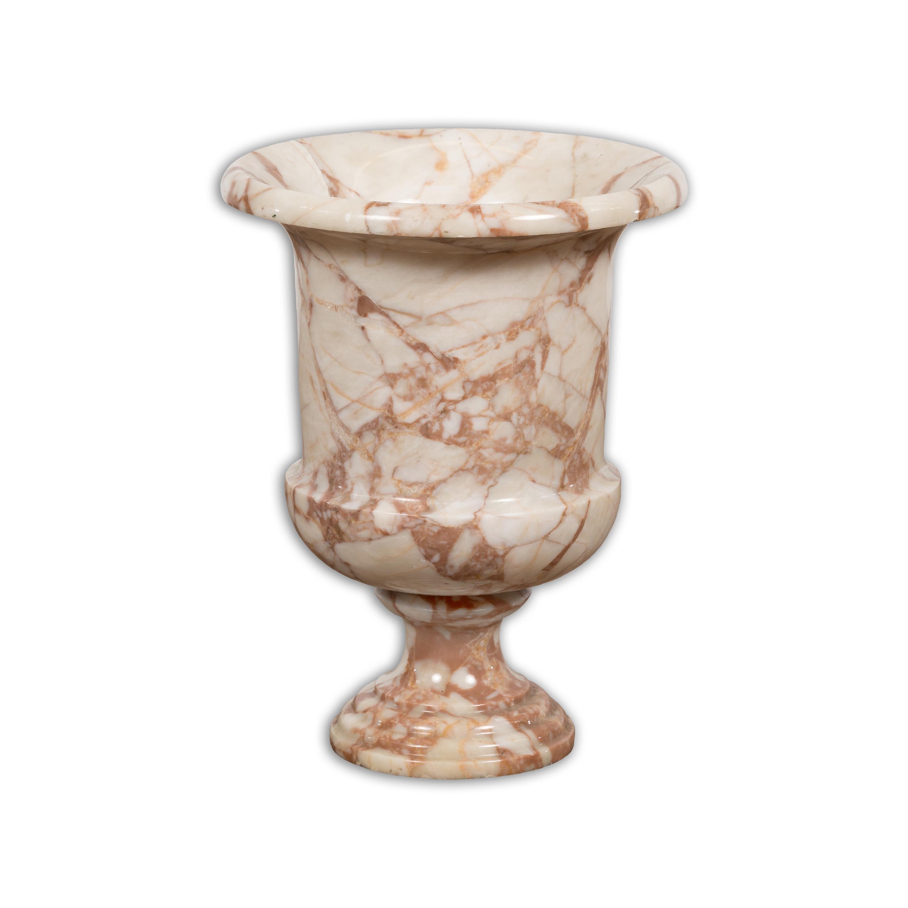 Neoclassical Style White and Red Veined Marble Planter with Stepped Round Base For Sale 13