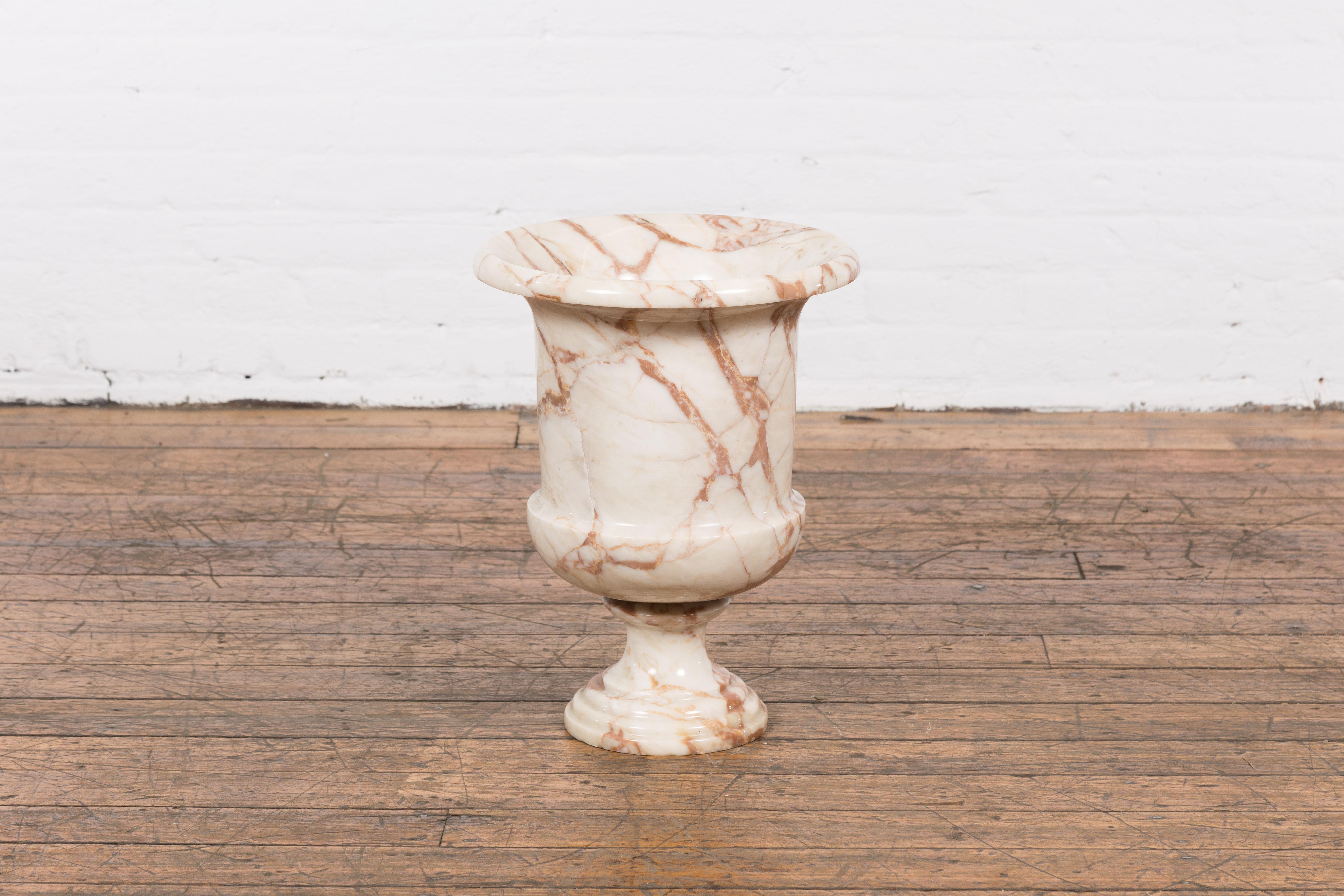 Thai Neoclassical Style White and Red Veined Marble Planter with Stepped Round Base For Sale