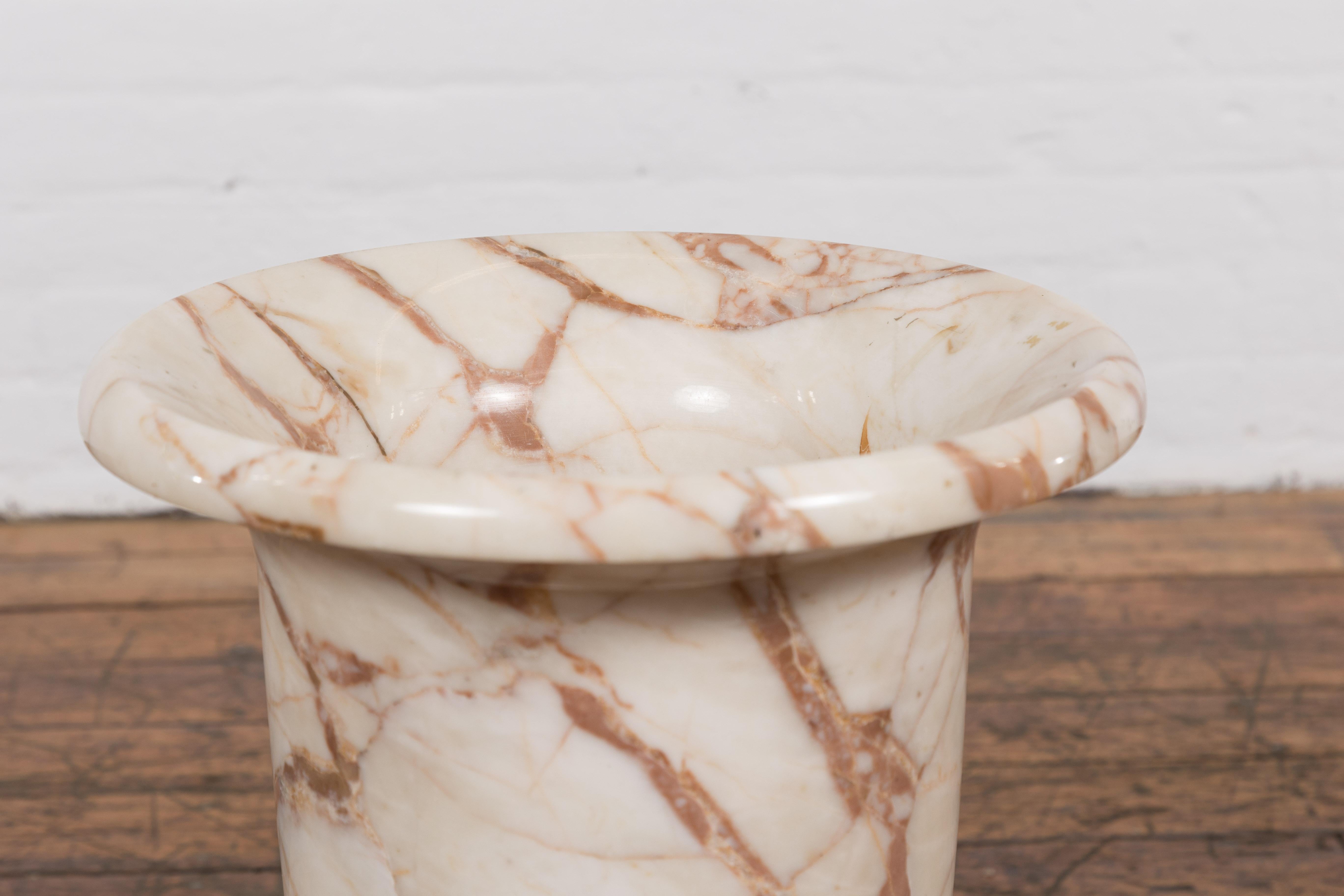 20th Century Neoclassical Style White and Red Veined Marble Planter with Stepped Round Base For Sale