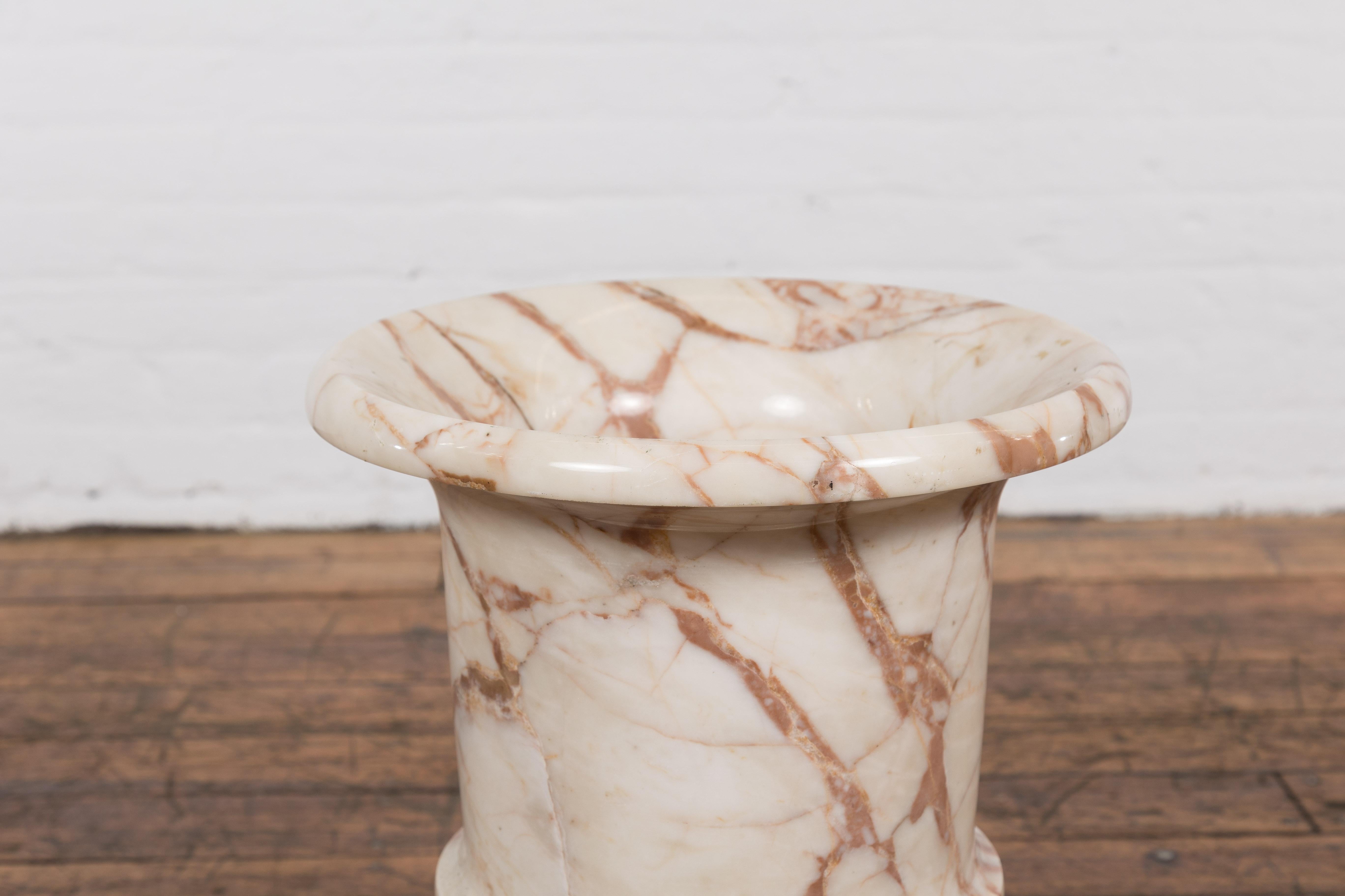 Neoclassical Style White and Red Veined Marble Planter with Stepped Round Base For Sale 1