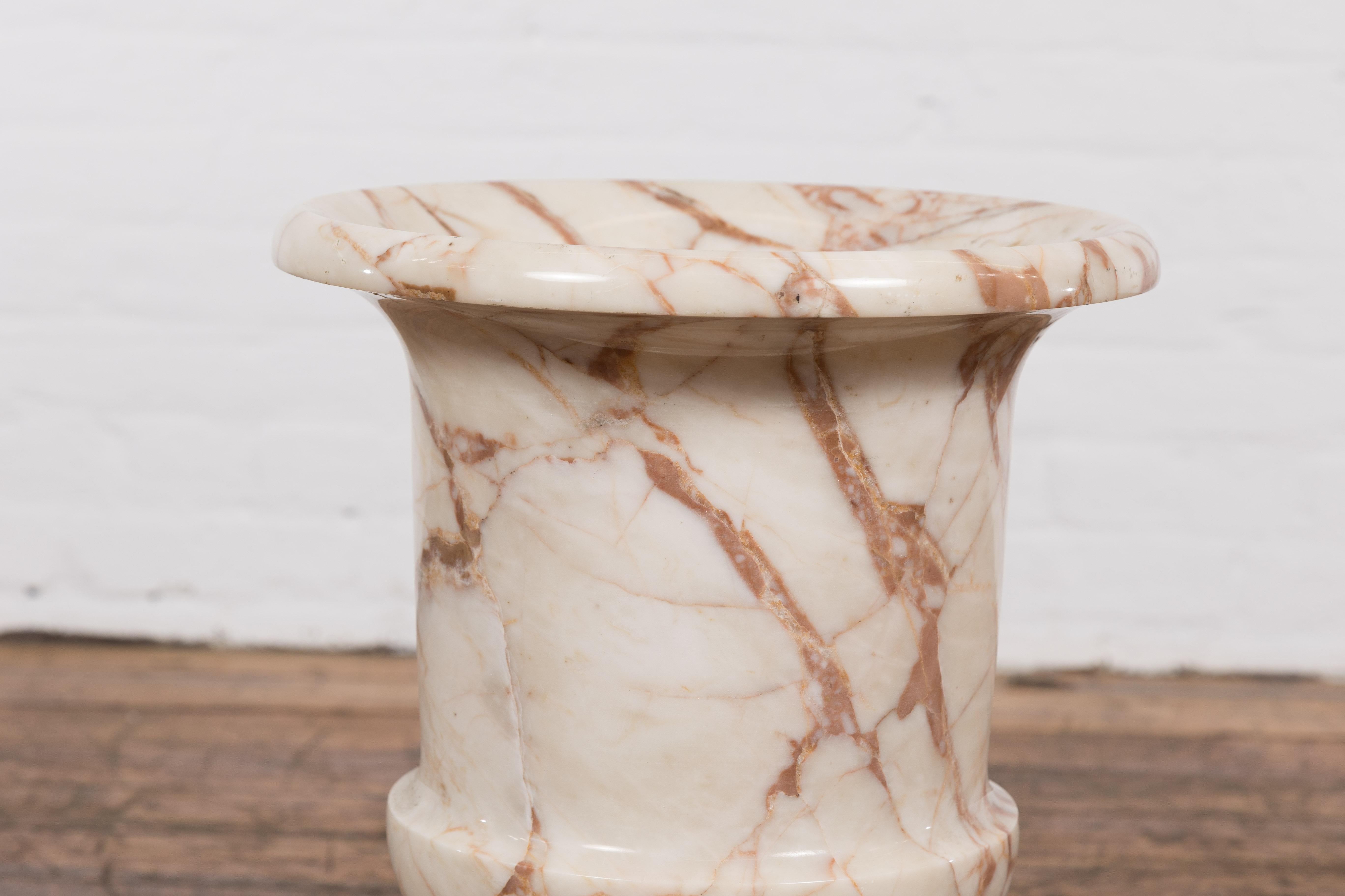 Neoclassical Style White and Red Veined Marble Planter with Stepped Round Base For Sale 2