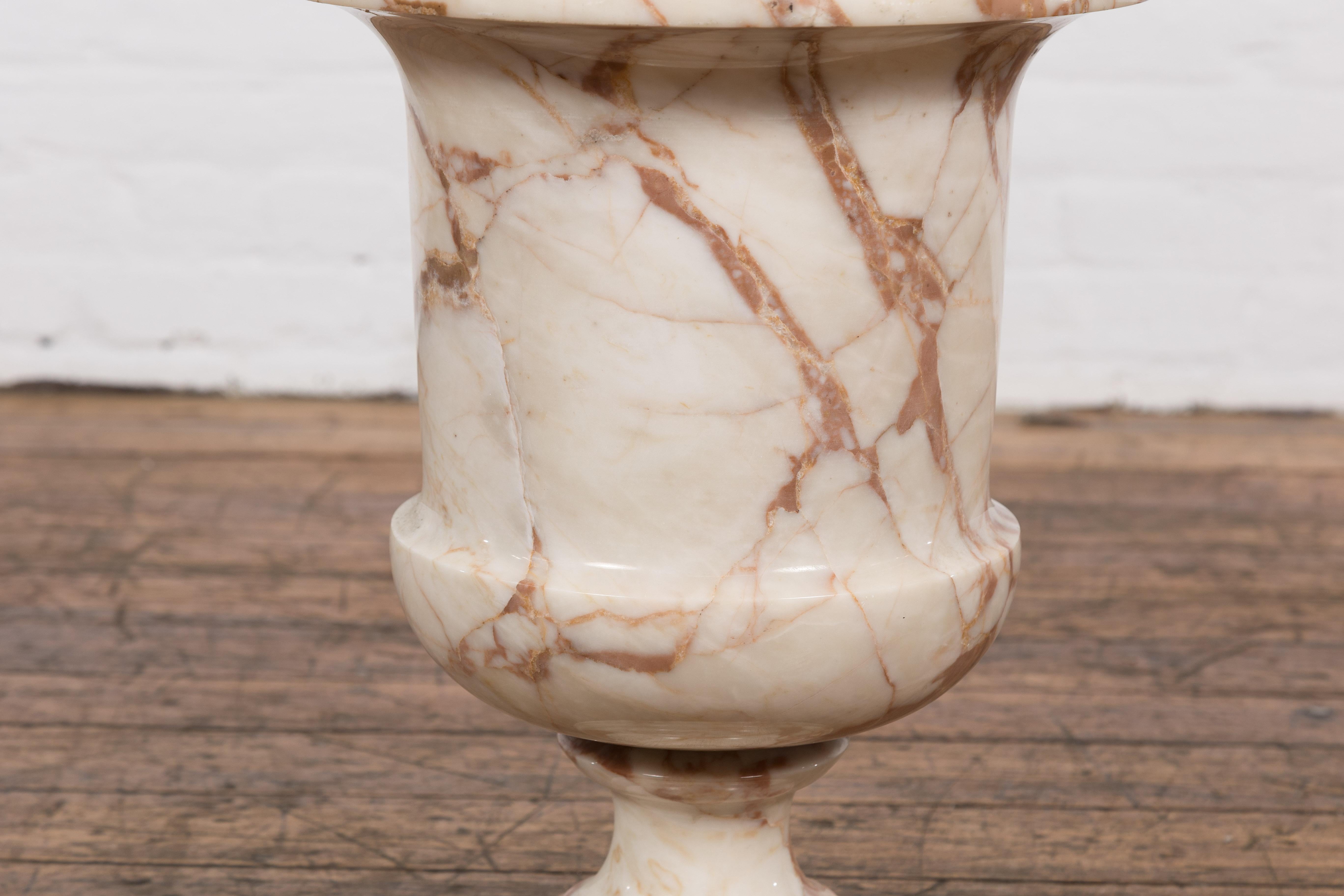 Neoclassical Style White and Red Veined Marble Planter with Stepped Round Base For Sale 3
