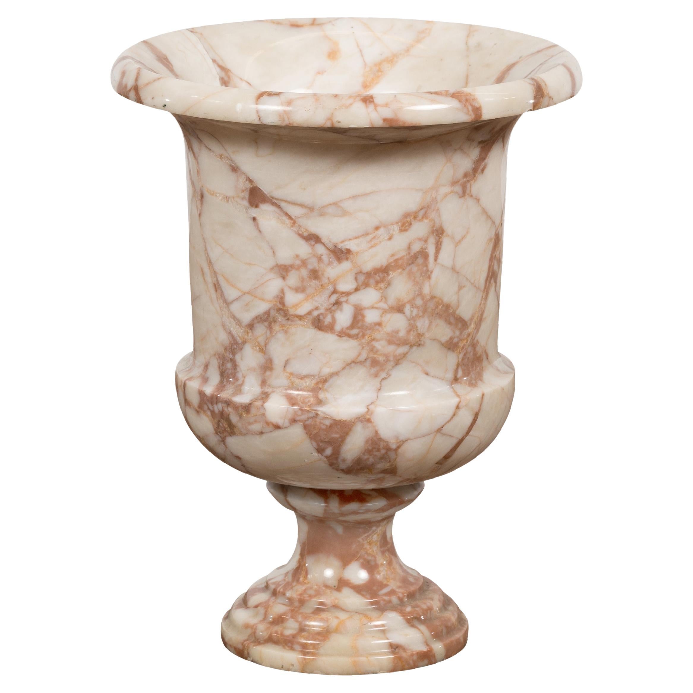 Neoclassical Style White and Red Veined Marble Planter with Stepped Round Base For Sale