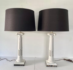 Neoclassical Style White Ceramic and Marble Fluted Column Table Lamps, Pair