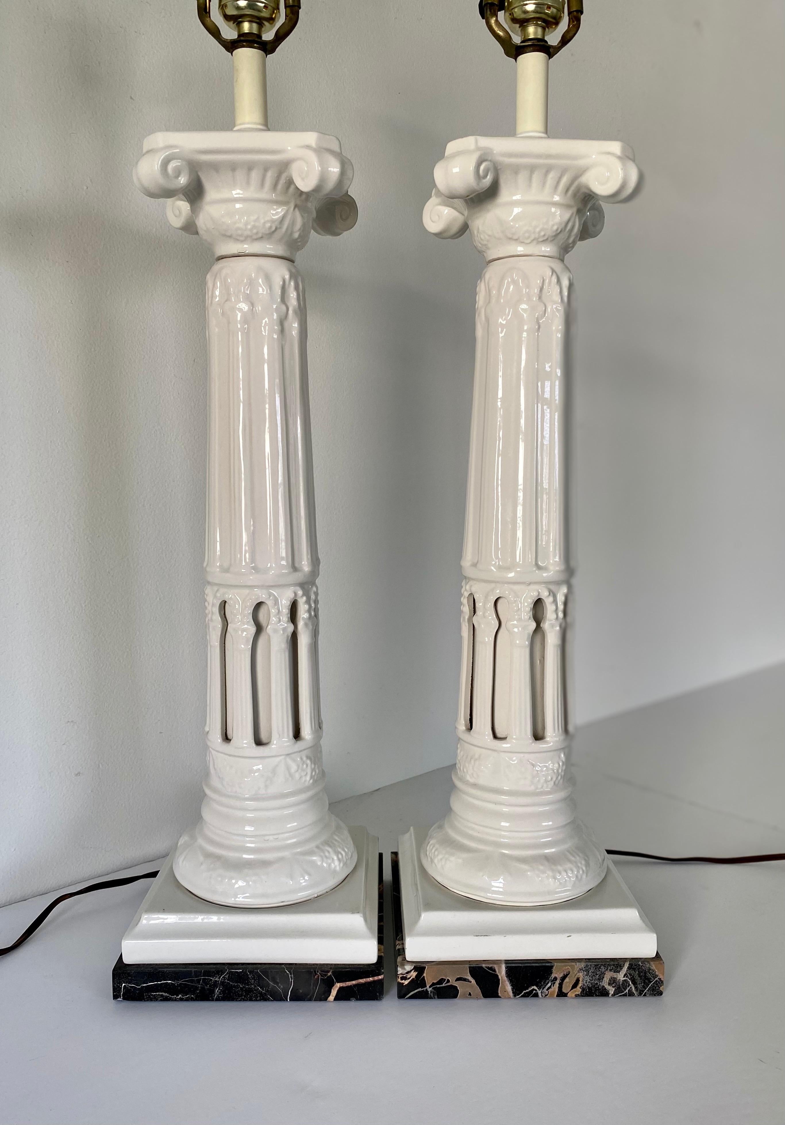 Glazed Neoclassical Style White Ceramic and Marble Fluted Column Table Lamps, Pair For Sale