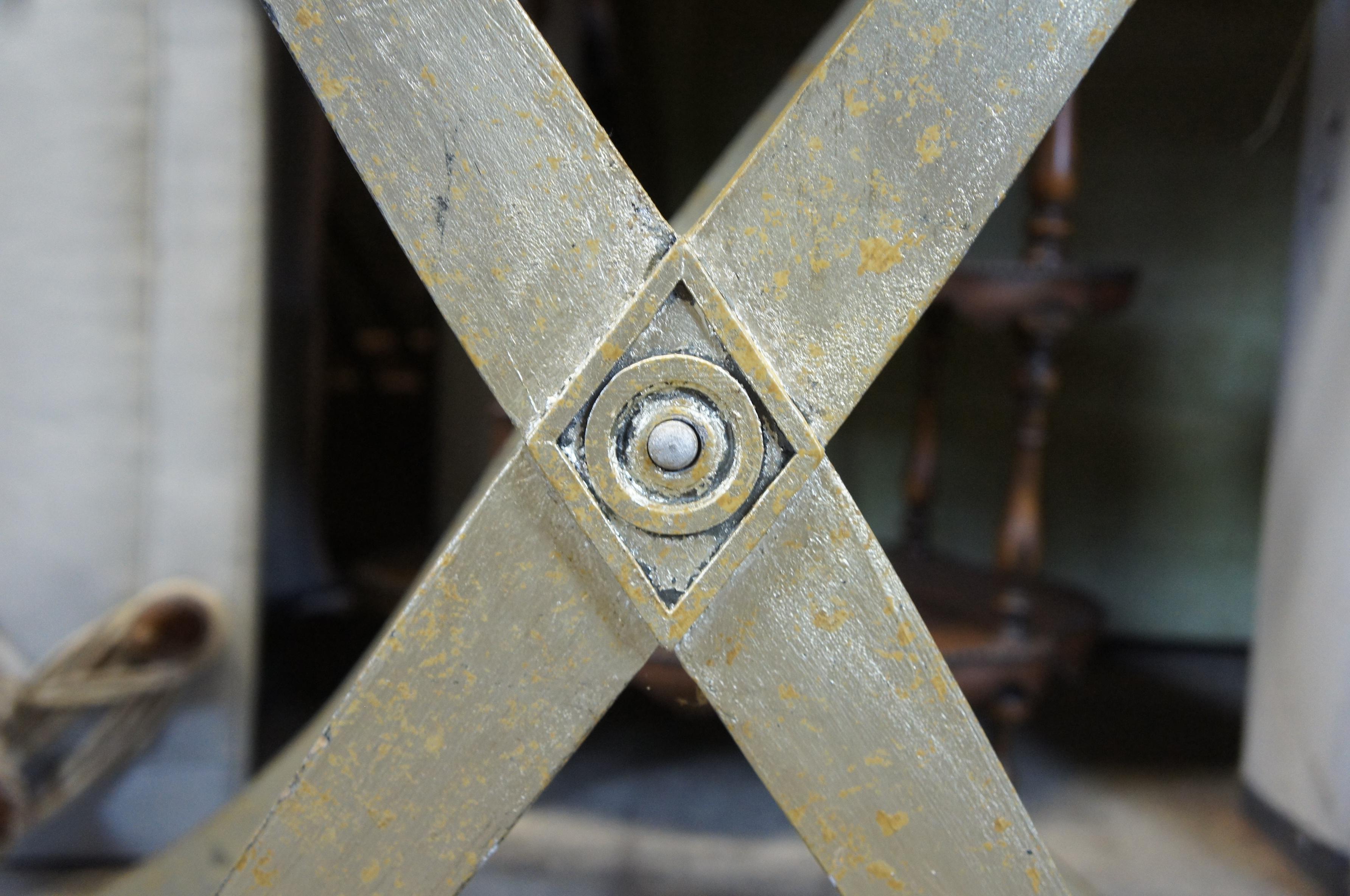 20th Century Neoclassical Style X Base Console Side Entry Table with Gold Foil Accent For Sale