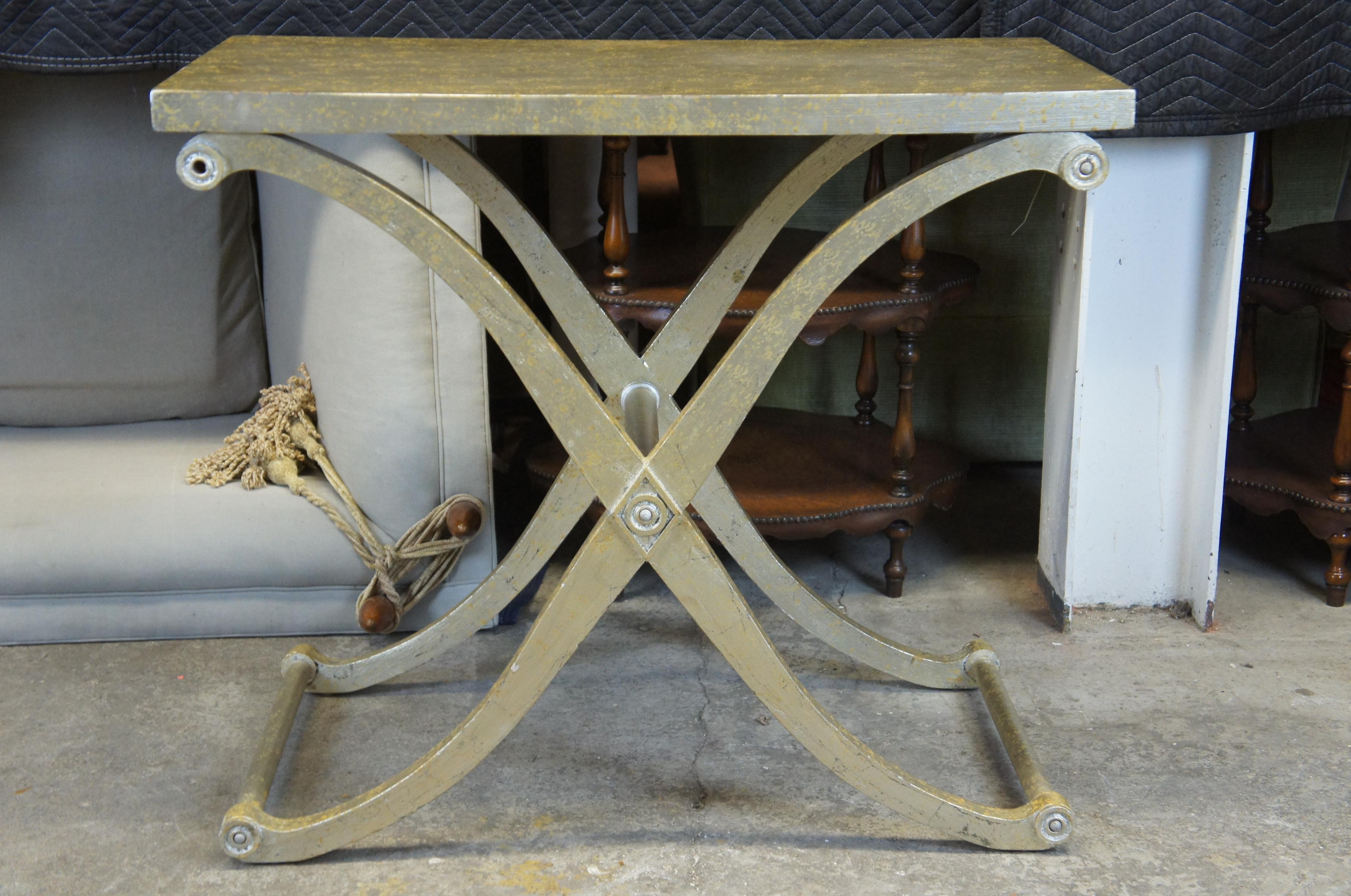 Neoclassical Style X Base Console Side Entry Table with Gold Foil Accent For Sale 2