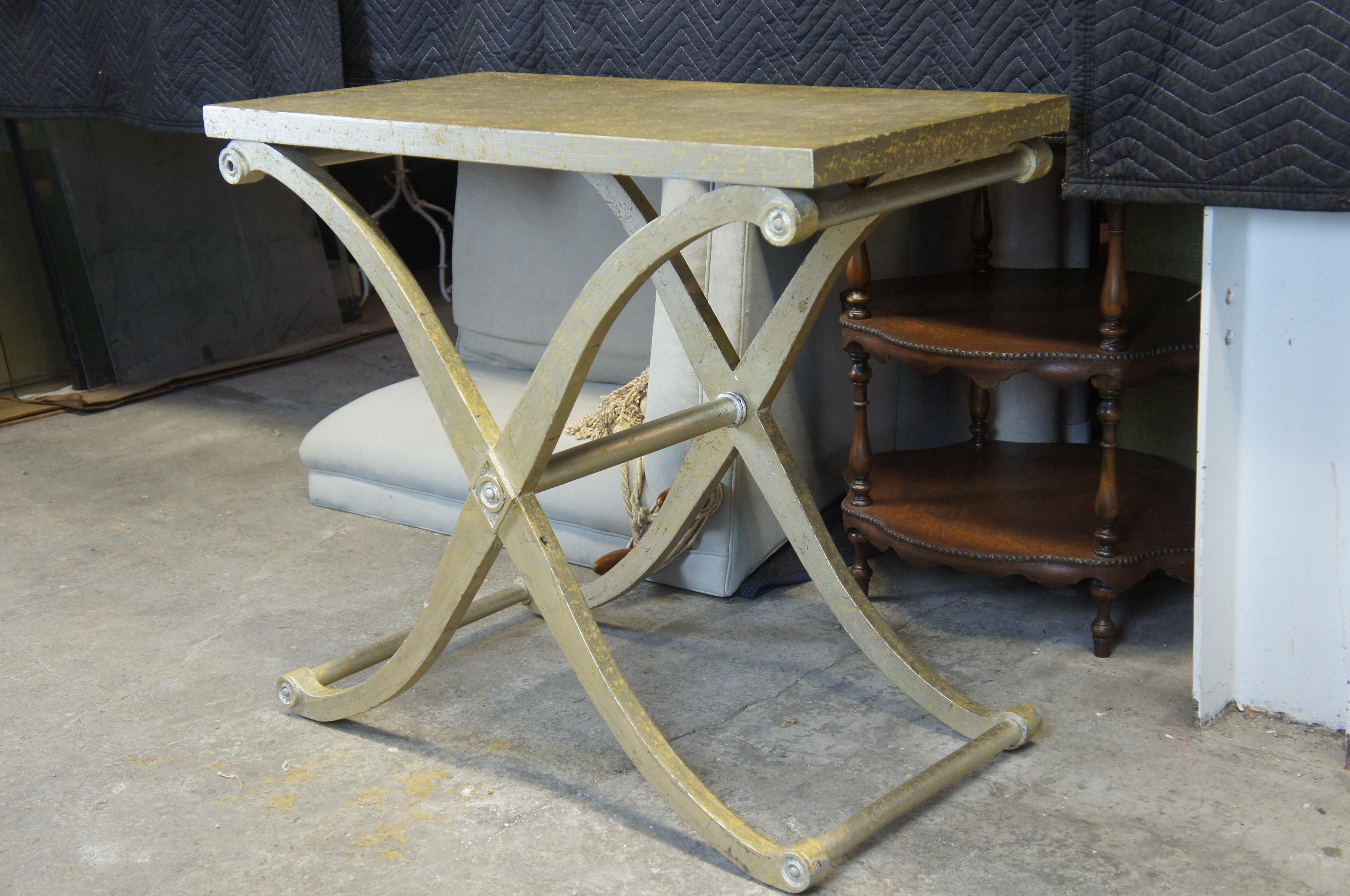 Neoclassical Style X Base Console Side Entry Table with Gold Foil Accent For Sale 3