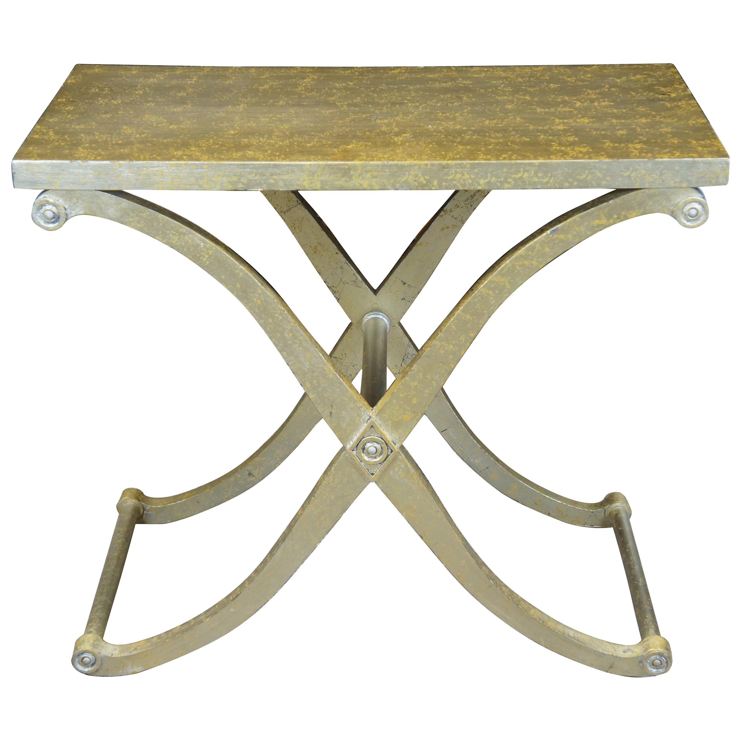 Neoclassical Style X Base Console Side Entry Table with Gold Foil Accent For Sale