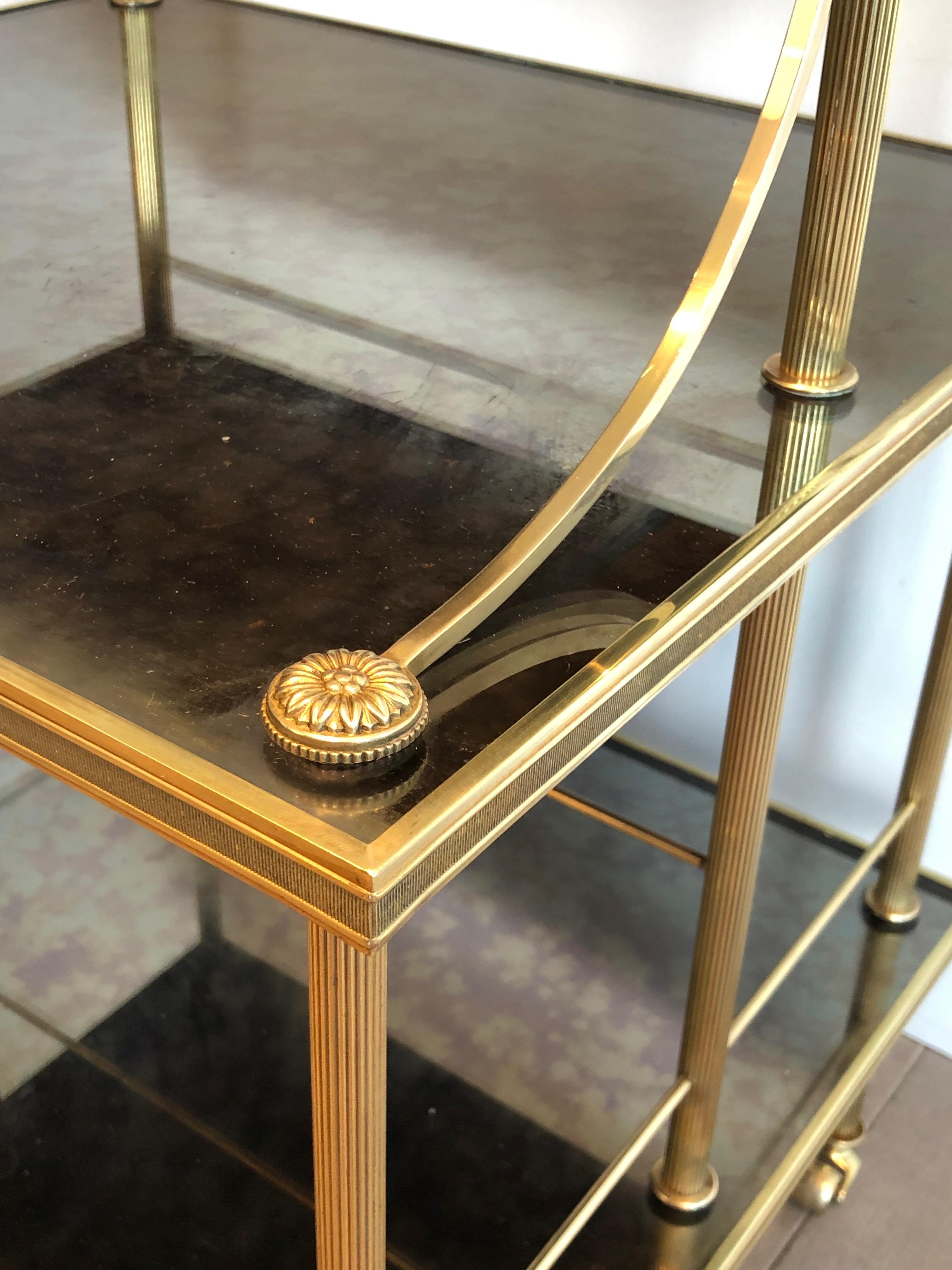 Neoclassical Stylel Brass Shelves on Casters with Three Tiers by Maison Jansen 10