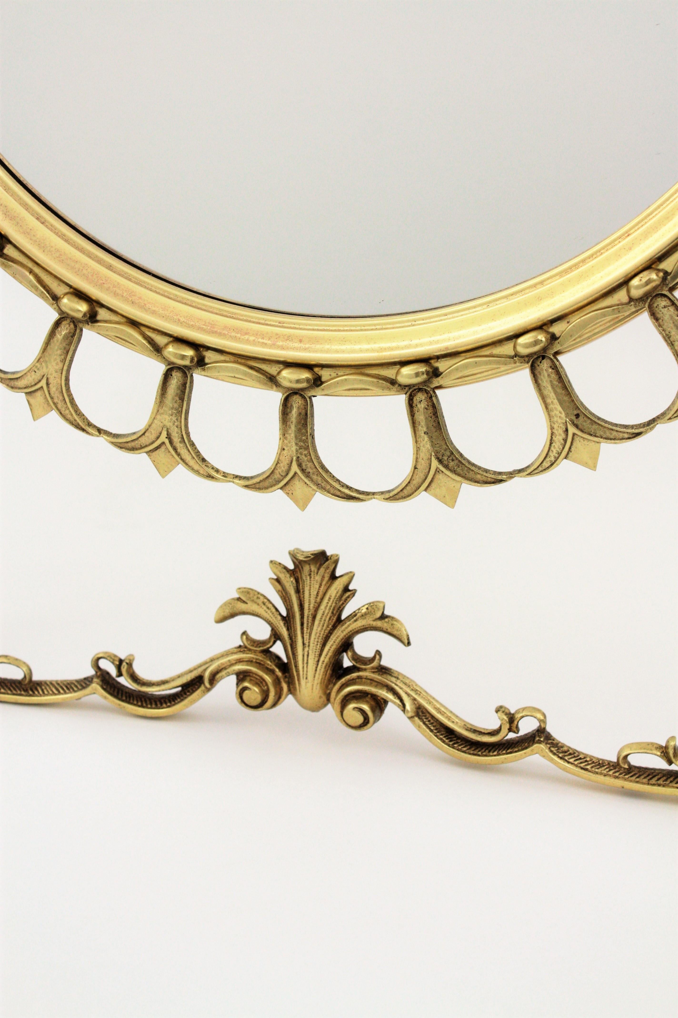 Mid-Century Modern Neoclassical Sunburst Vanity or Table Mirror in Brass For Sale