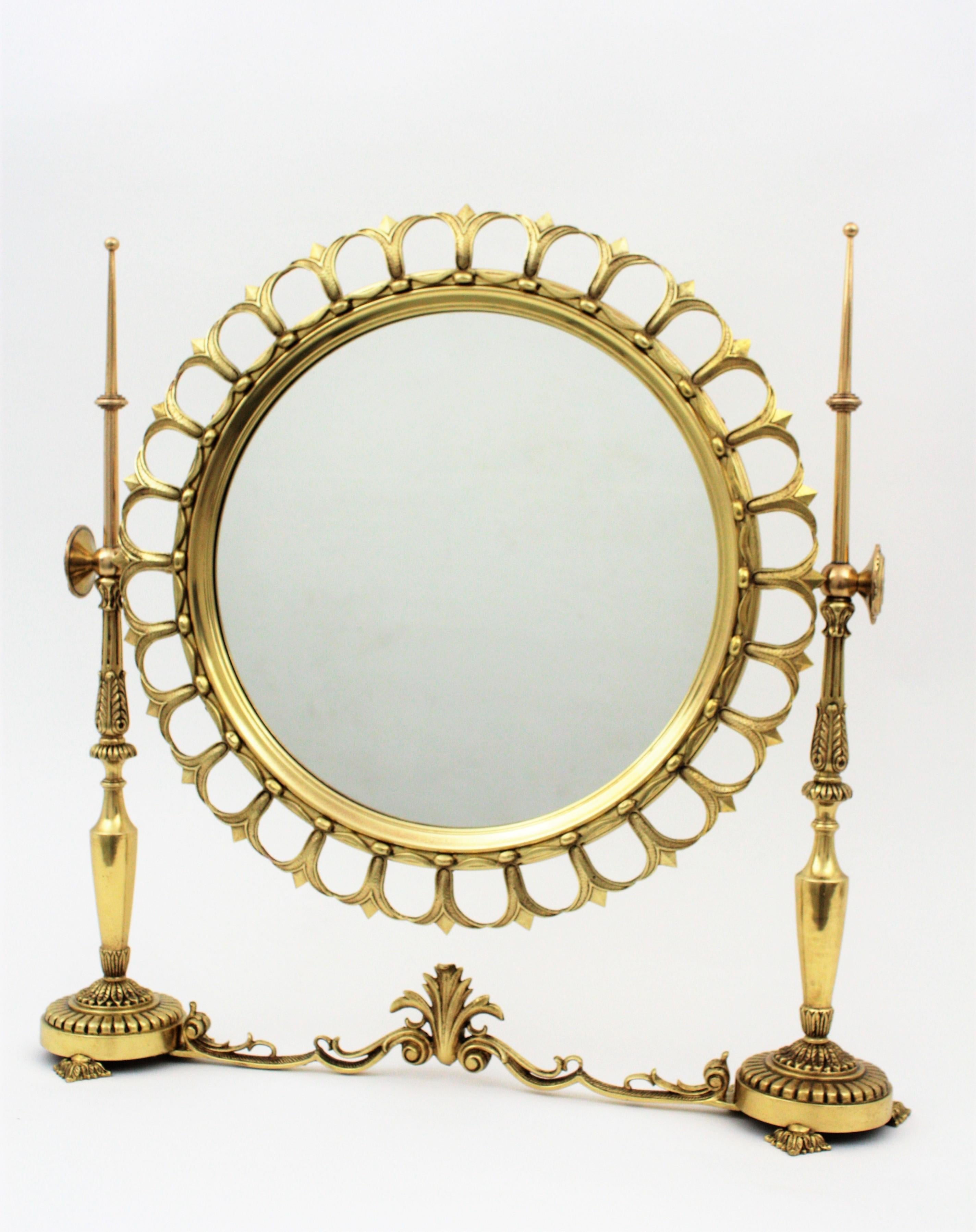 Spanish Neoclassical Sunburst Vanity or Table Mirror in Brass For Sale