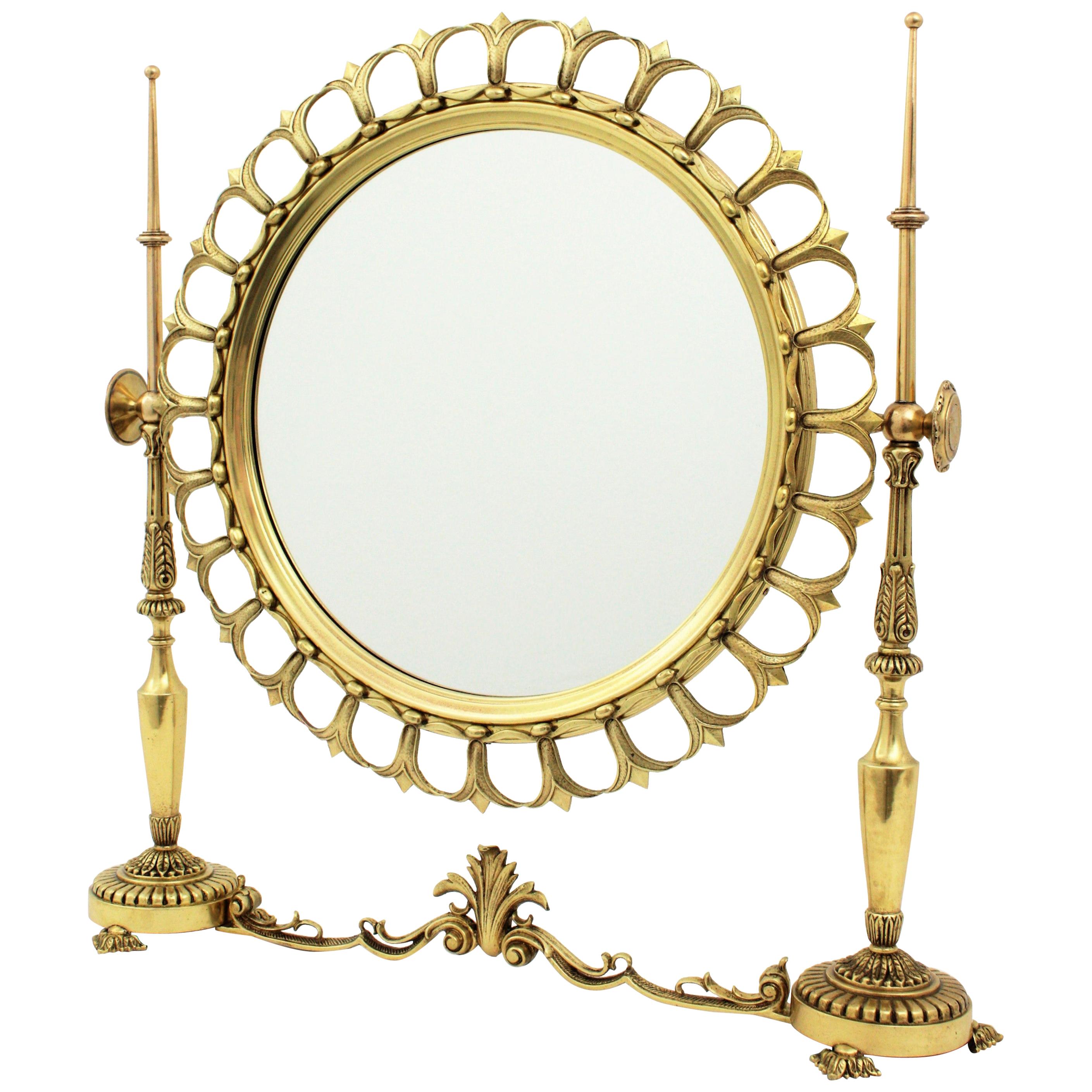Neoclassical Sunburst Vanity or Table Mirror in Brass