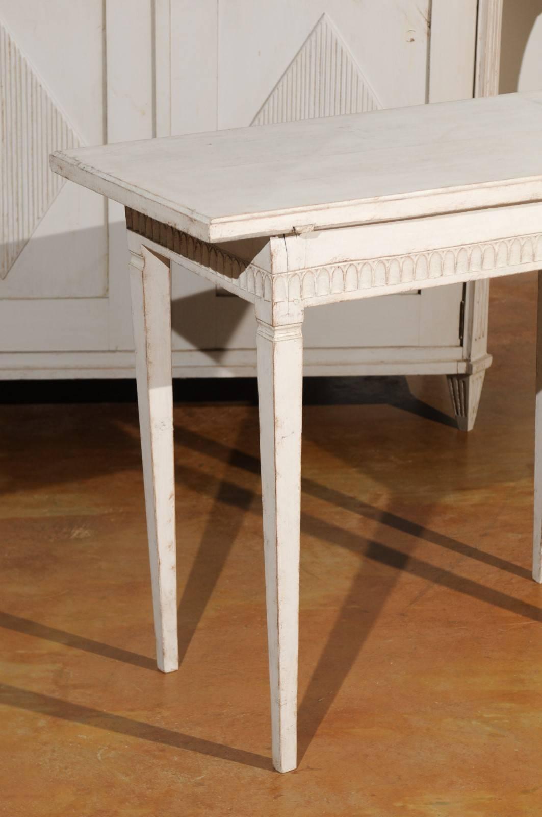 19th Century Neoclassical Swedish 1840s Painted Side Table with Carved Apron and Tapered Legs