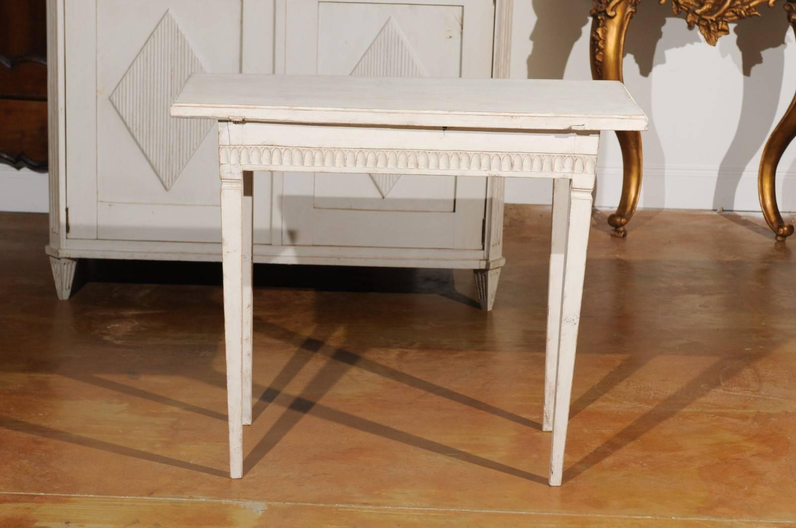 Neoclassical Swedish 1840s Painted Side Table with Carved Apron and Tapered Legs 1