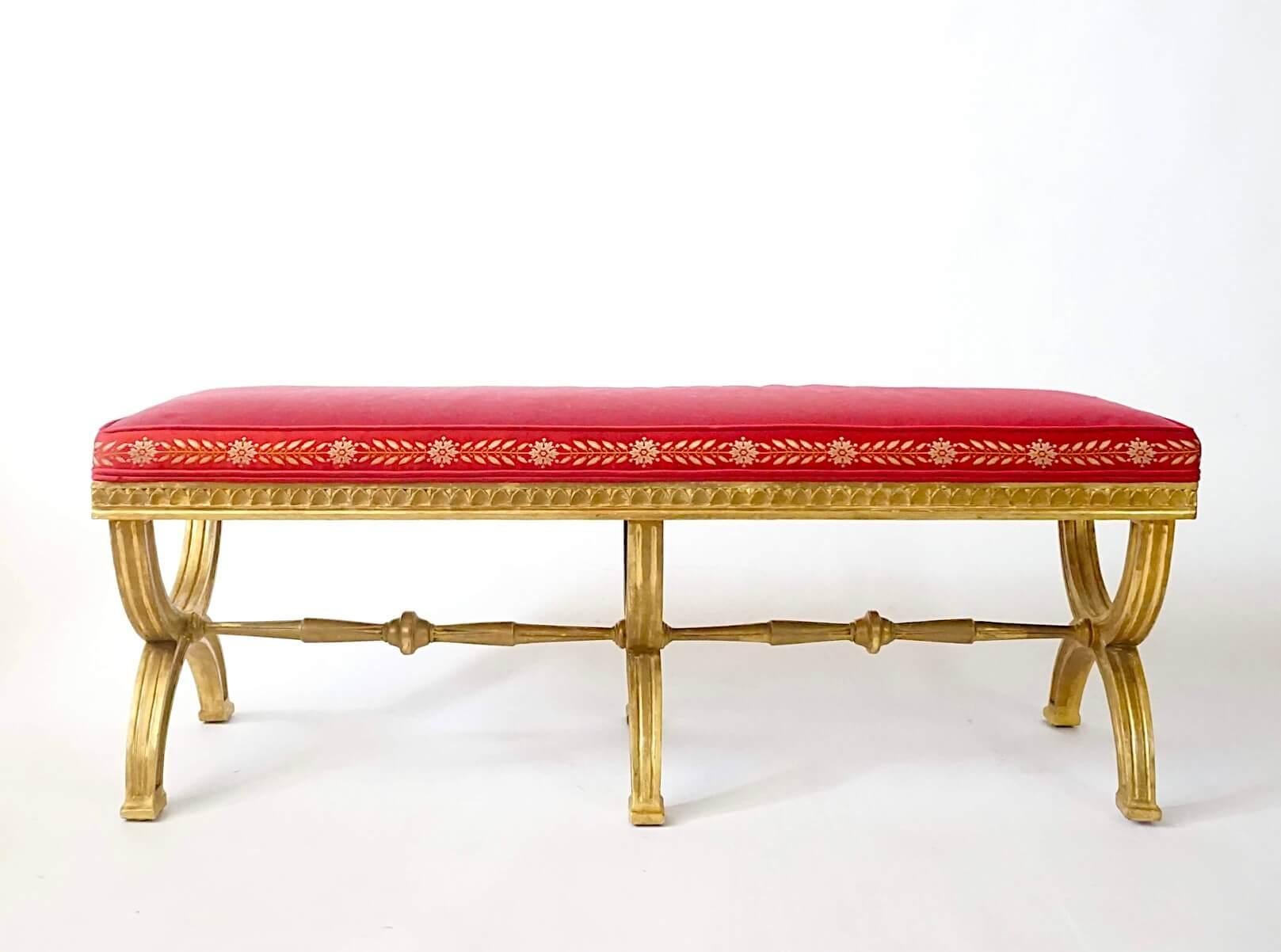 Hand-Carved Neoclassical Swedish Gustavian Giltwood Curule Leg Long Bench, circa 1805 For Sale