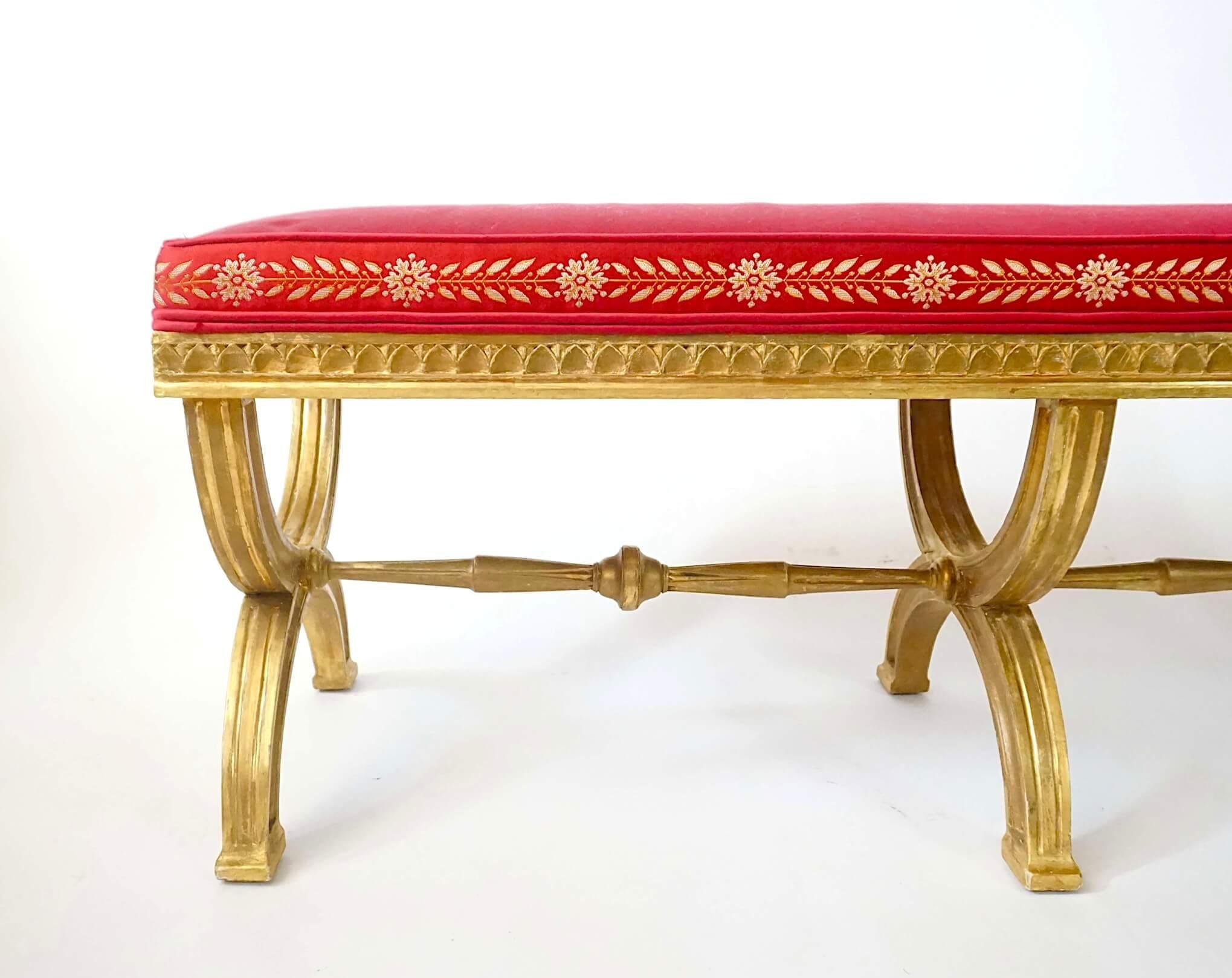Early 19th Century Neoclassical Swedish Gustavian Giltwood Curule Leg Long Bench, circa 1805 For Sale