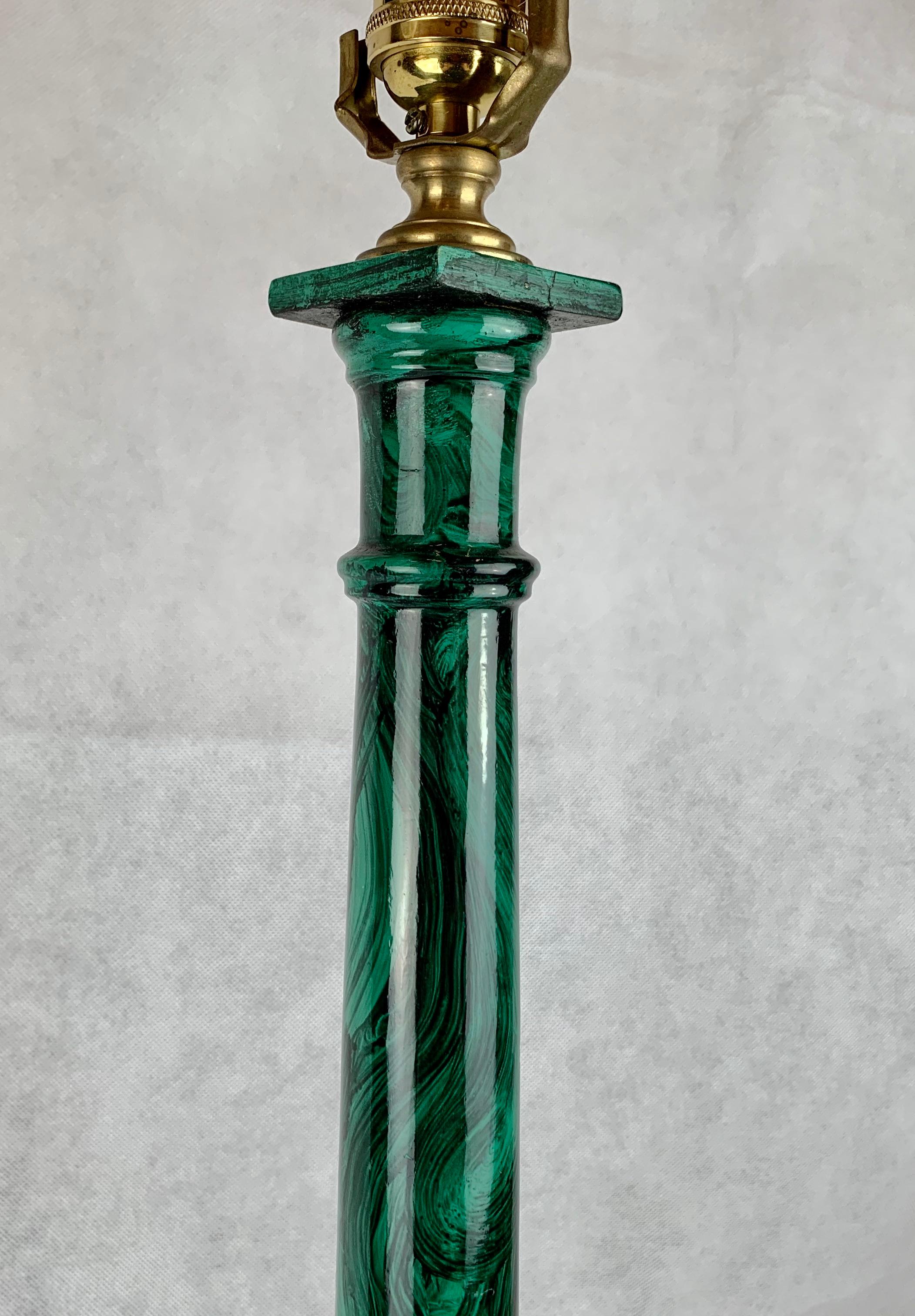 Handsome neoclassical style table lamp hand faux painted wood to resemble malachite. The base is marble.
Measures: H- 32.75