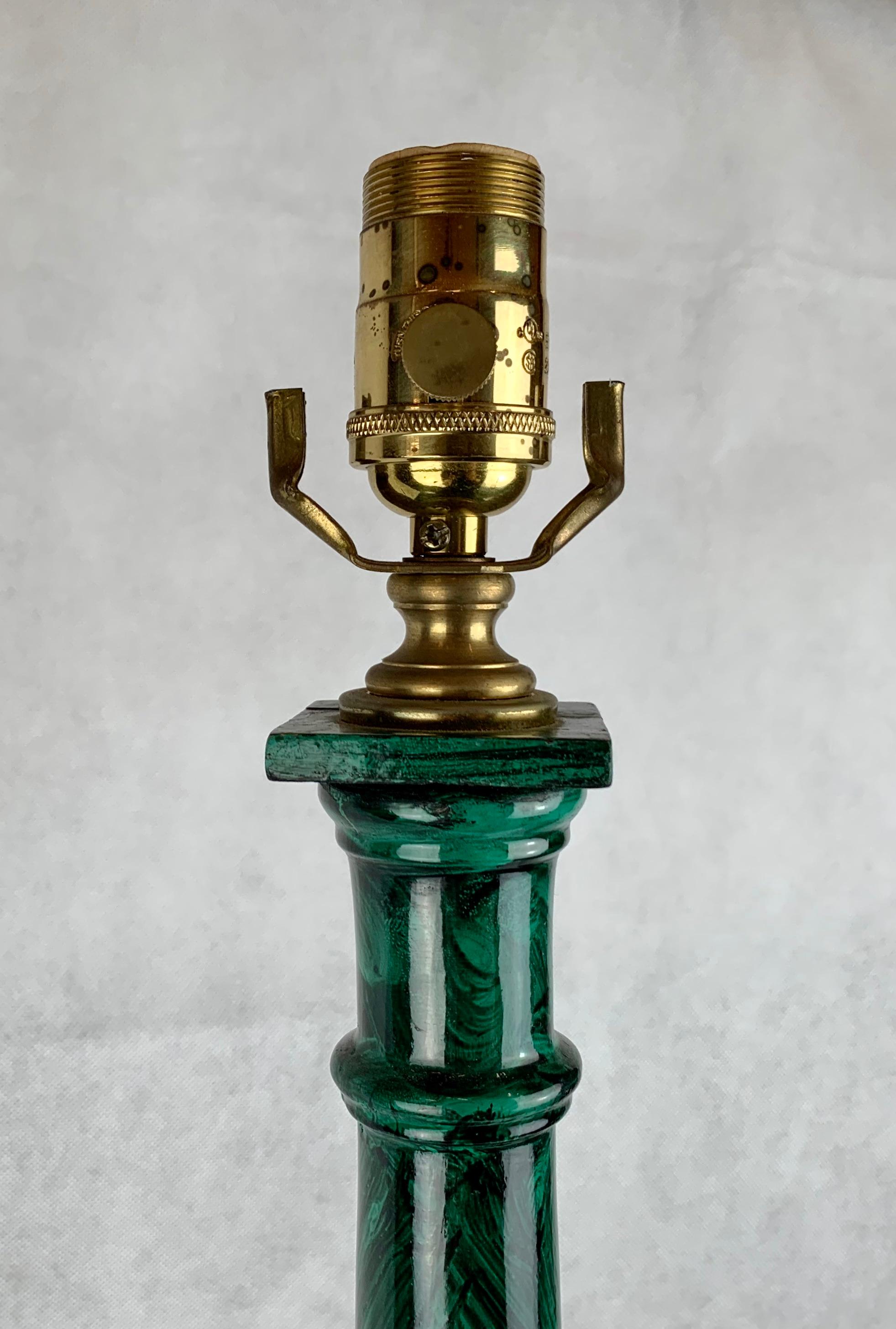 American Hand Painted Faux Malachite Neoclassical Table Lamp-Wood with Marble Base