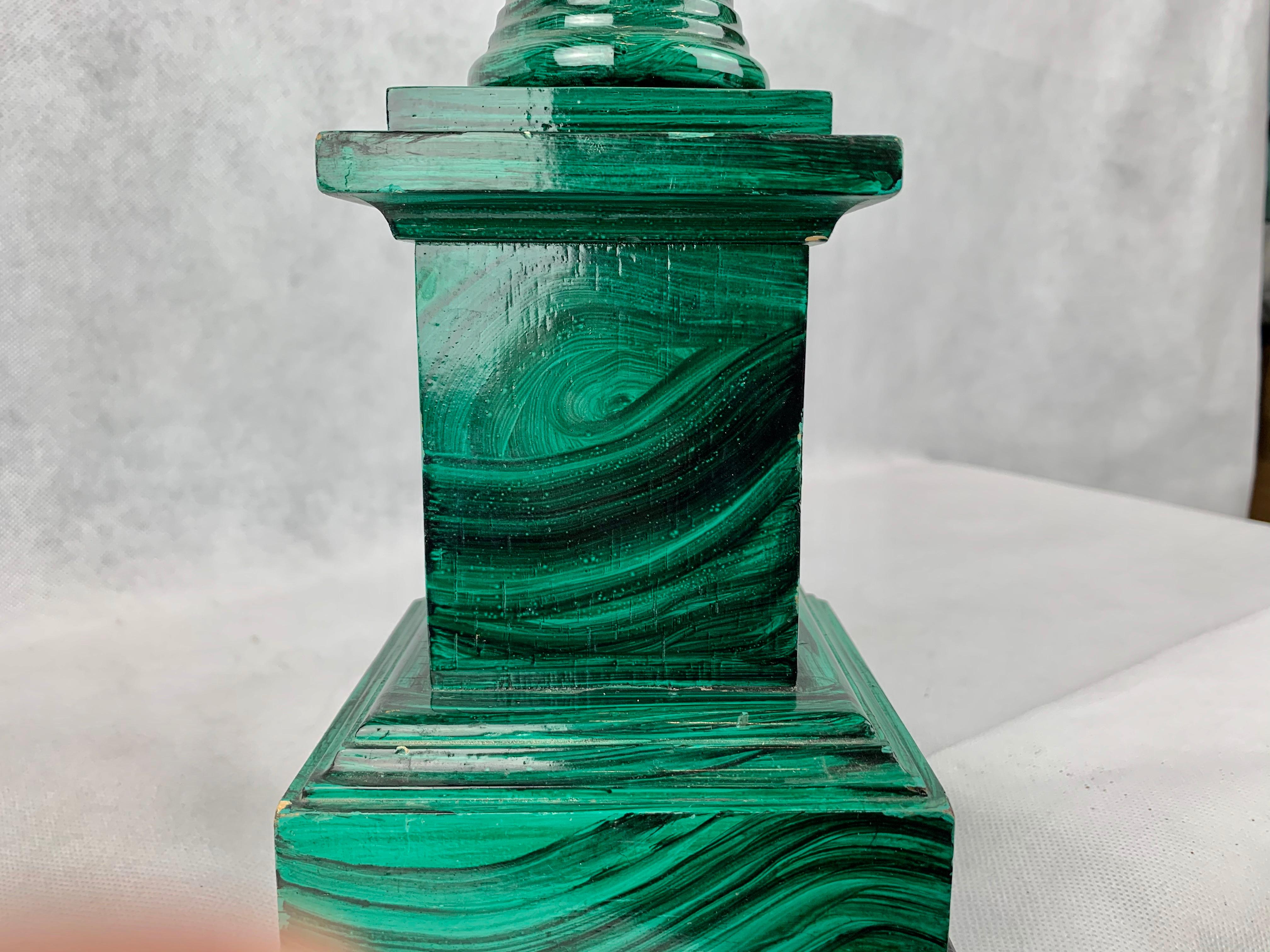 Hand-Painted Hand Painted Faux Malachite Neoclassical Table Lamp-Wood with Marble Base