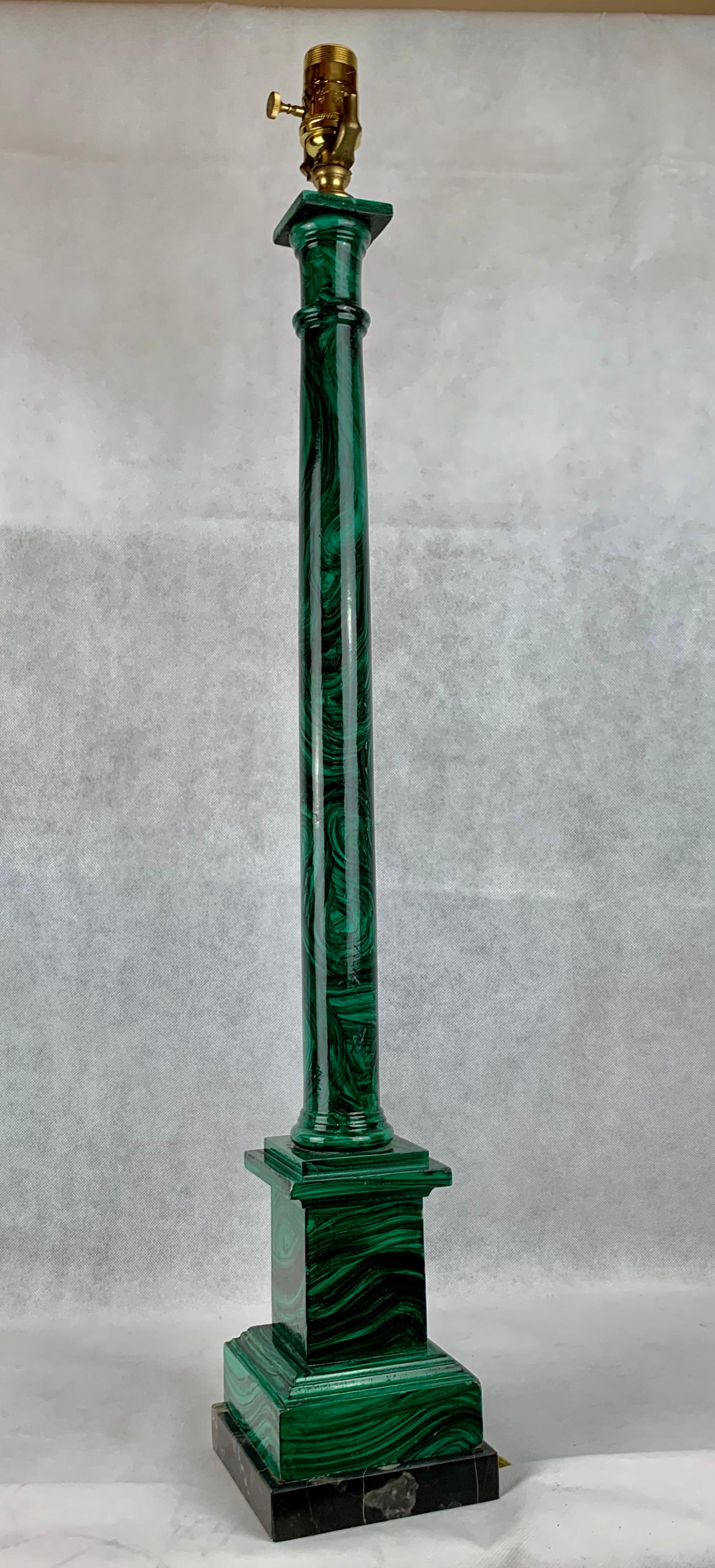 Hand Painted Faux Malachite Neoclassical Table Lamp-Wood with Marble Base In Good Condition In West Palm Beach, FL