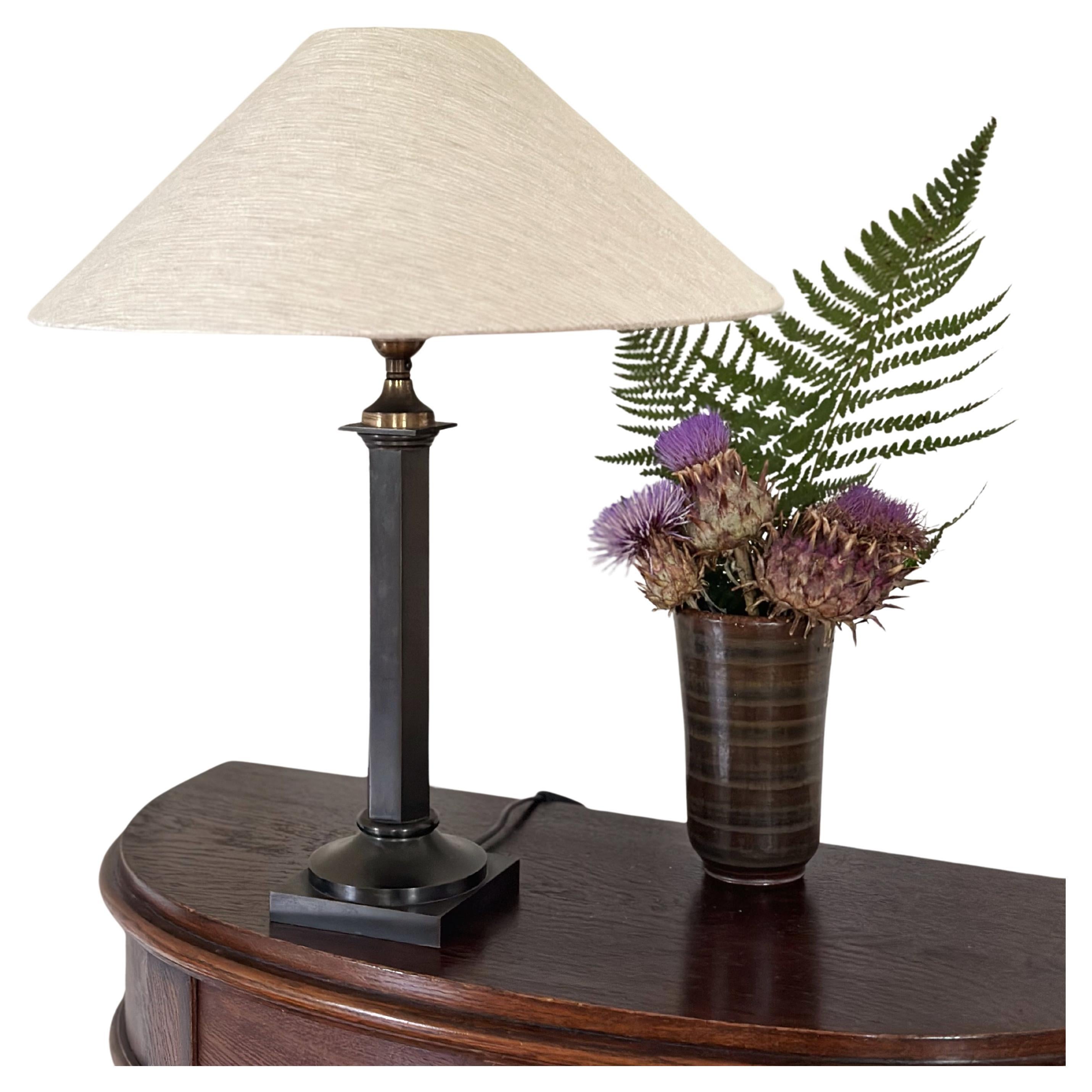 Neoclassical Metal Table Lamp in Column form. Sweden, 1930s. 

Atelier made lamp shade is included, pick any of the shades on the pictures.

Great Condition with only small signs of wear.

Rewired.


Measure: 
Height lamp base including socket: 36