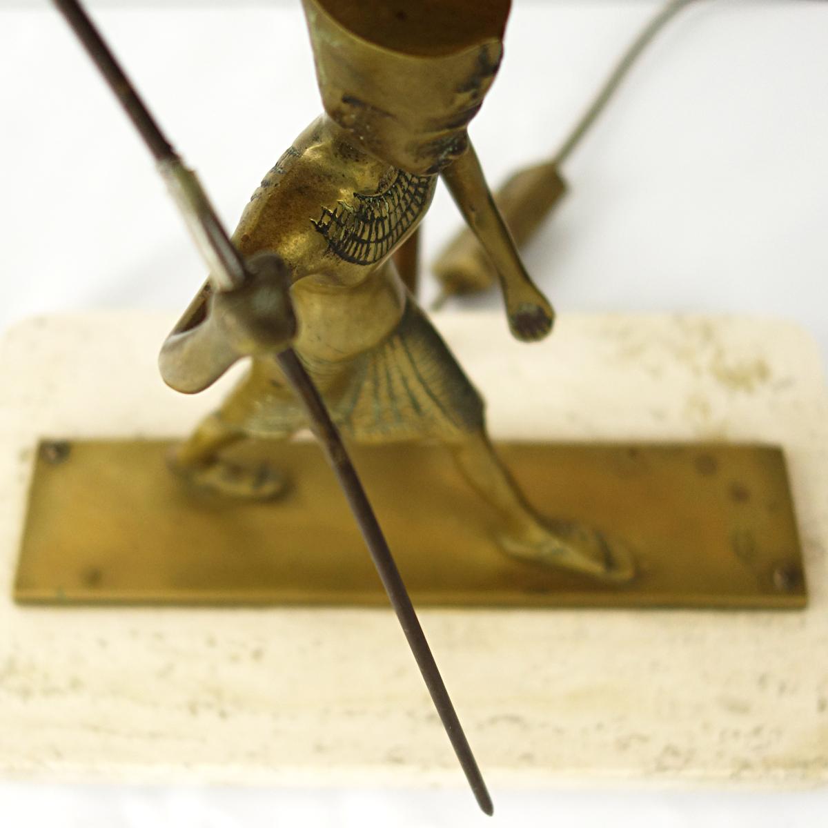 Neoclassical Table Lamp with Marble Foot and Egyptian Warrior under the Shade For Sale 2
