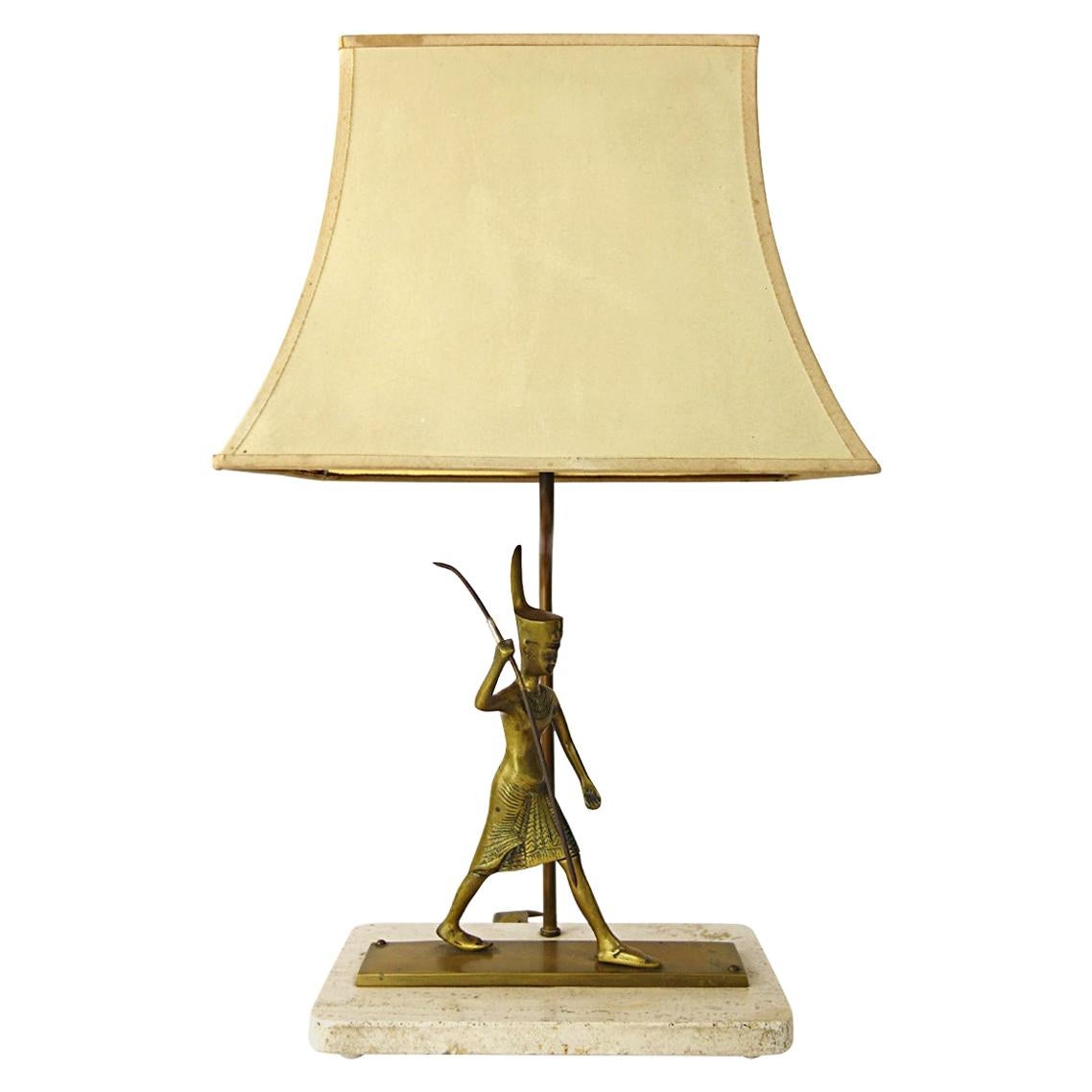 Neoclassical Table Lamp with Marble Foot and Egyptian Warrior under the Shade For Sale