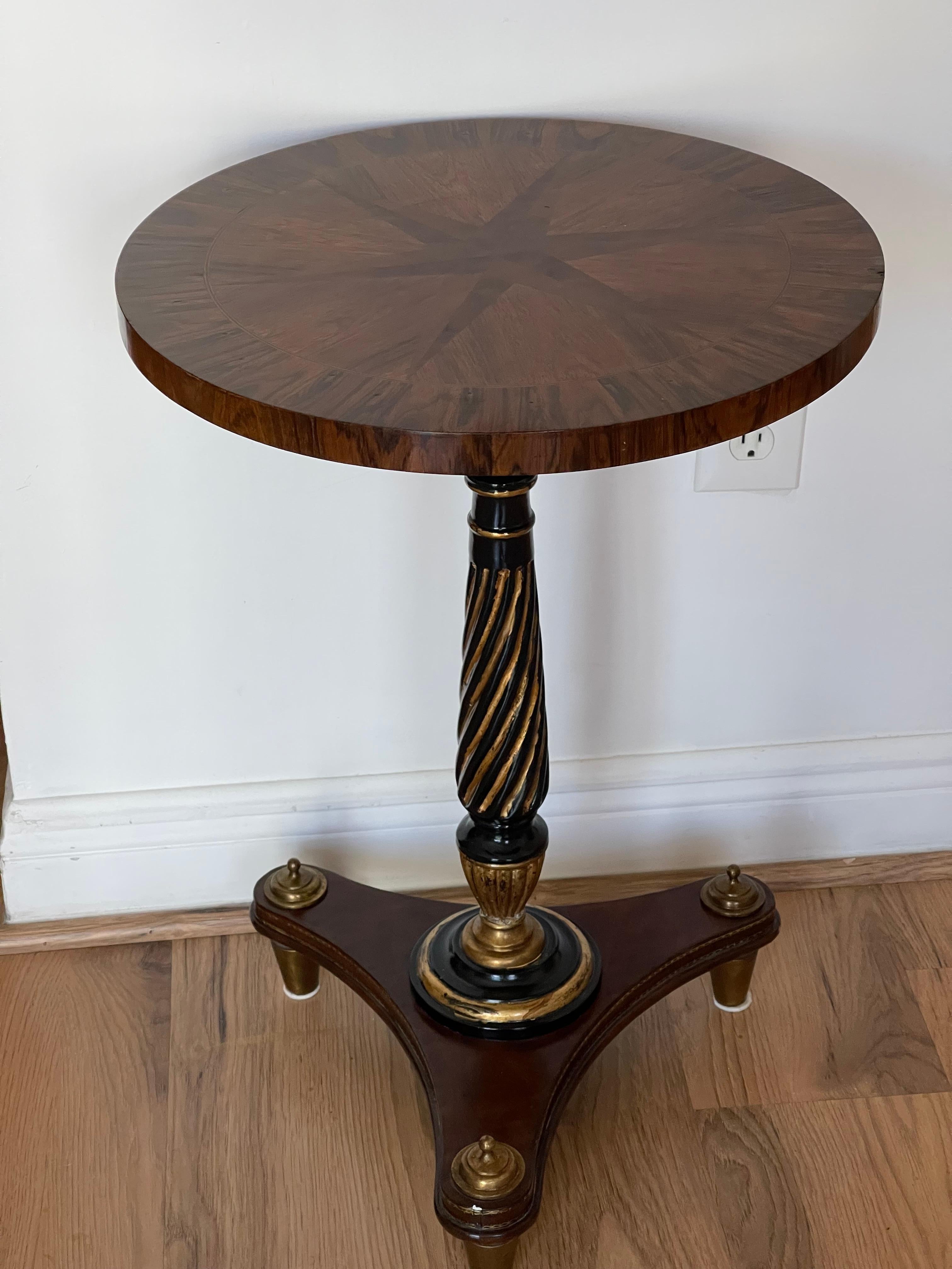 American Neoclassical Tevival Round Pedestal Walnut Side Table with Inlay For Sale