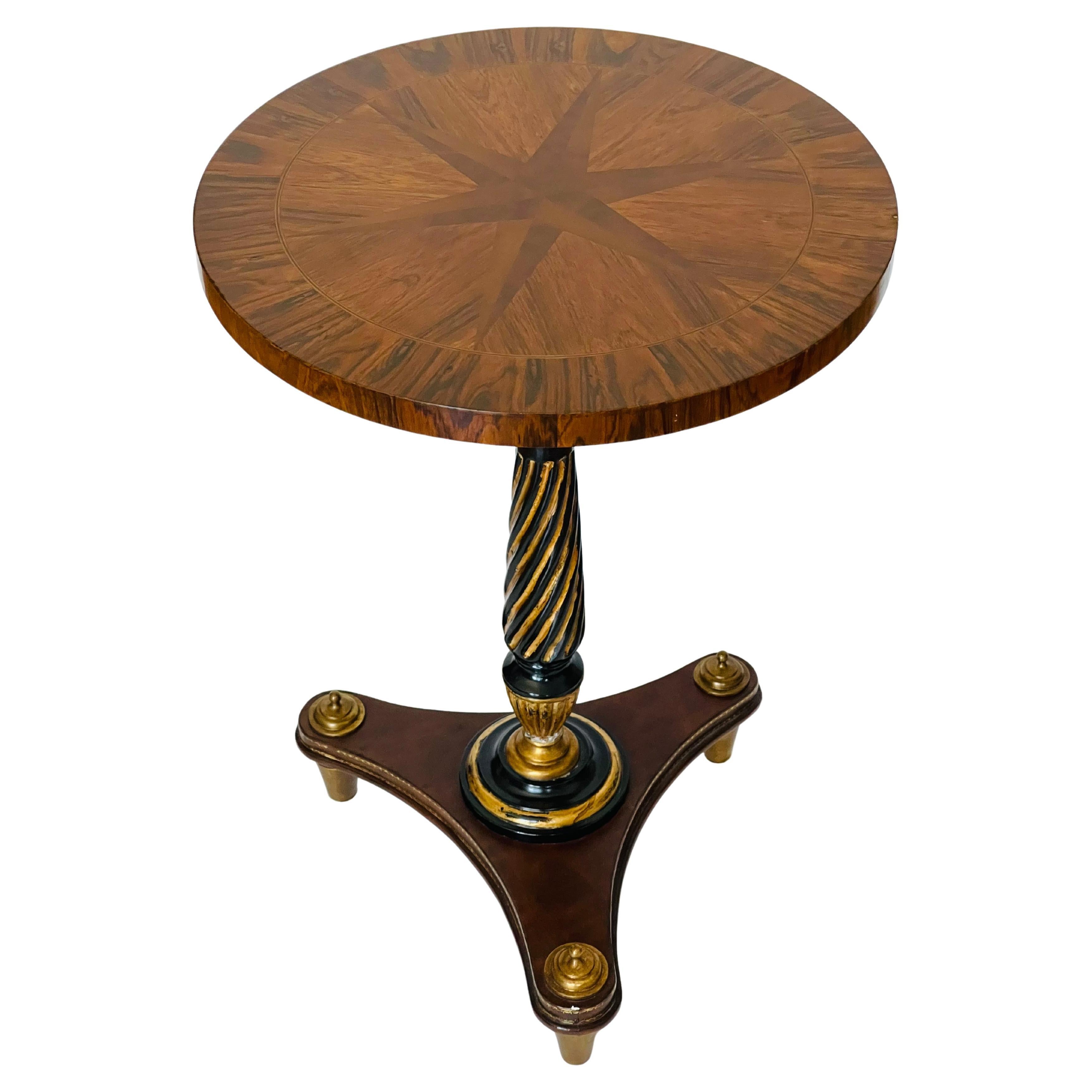 Neoclassical Tevival Round Pedestal Walnut Side Table with Inlay For Sale