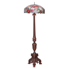 Neoclassical Tiffany Style Polychromed Giltwood Lamp & Leaded Glass Shade 20th C