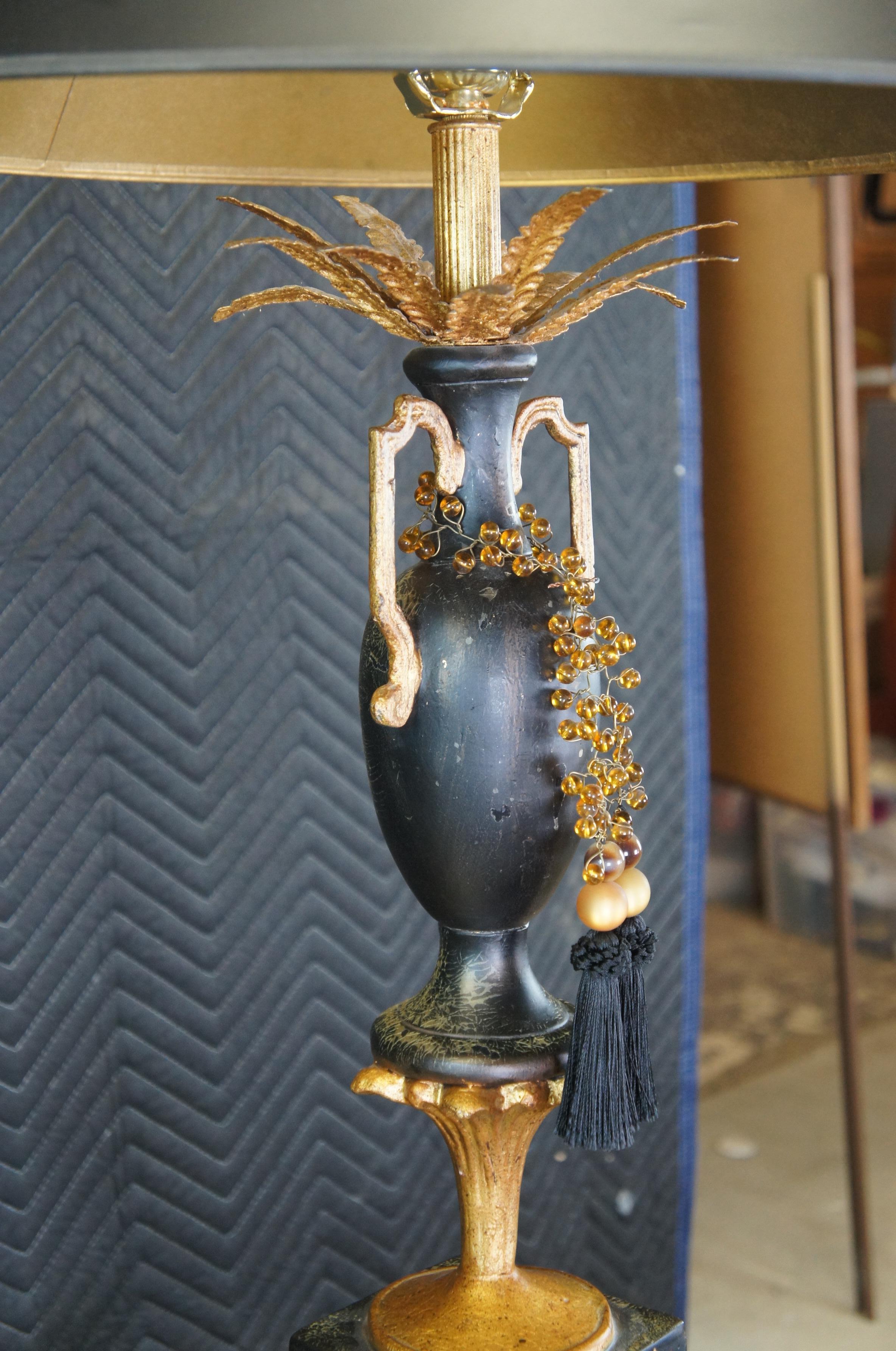 Metal Neoclassical Tole Painted Black & Gold Trophy Mantel Urn Vase Table Lamp 38