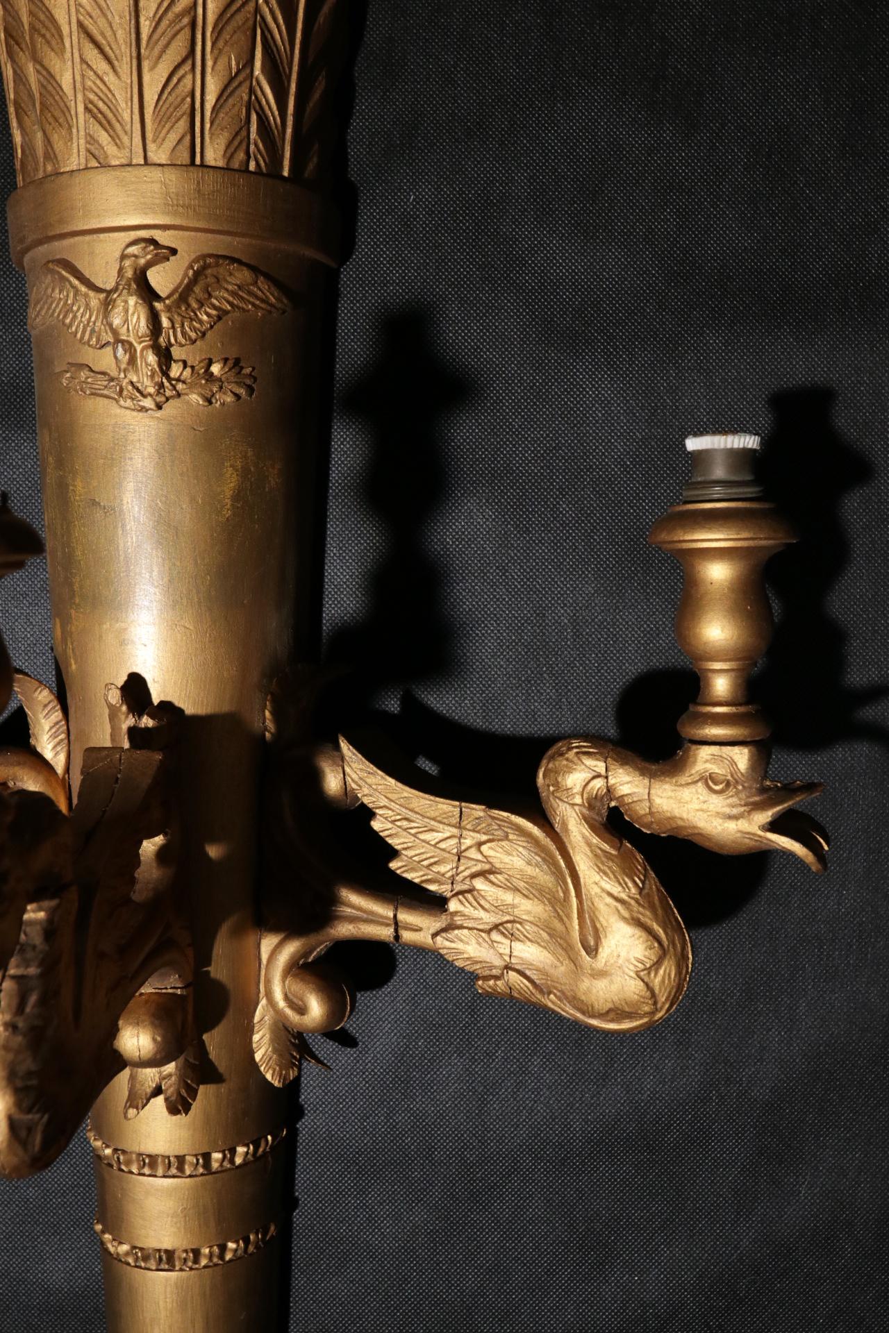 Early 20th Century Neoclassical Wall Lamp Torch with Swans and Eagle, 19th Century For Sale