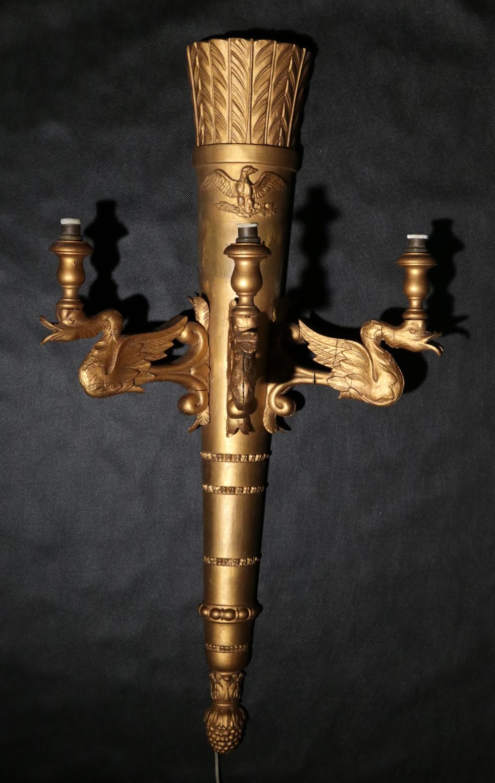 Wood Neoclassical Wall Lamp Torch with Swans and Eagle, 19th Century For Sale