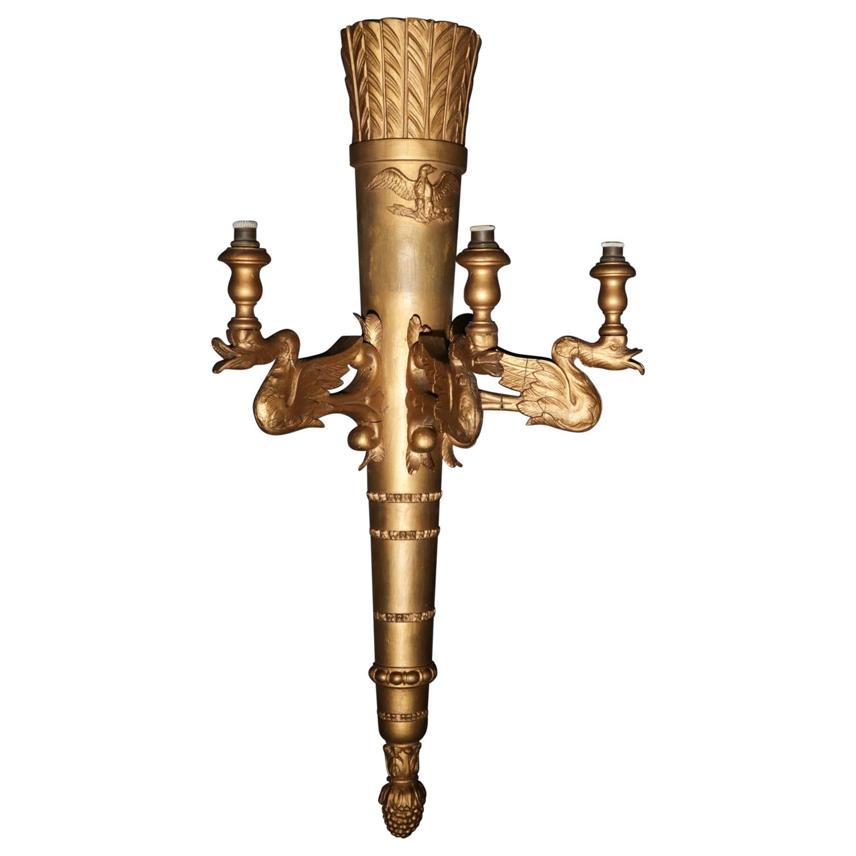 Neoclassical Wall Lamp Torch with Swans and Eagle, 19th Century For Sale