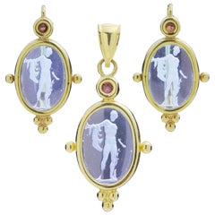 Vintage Neoclassical Tourmaline and Glass Intaglio Suite in 14 Karat Gold