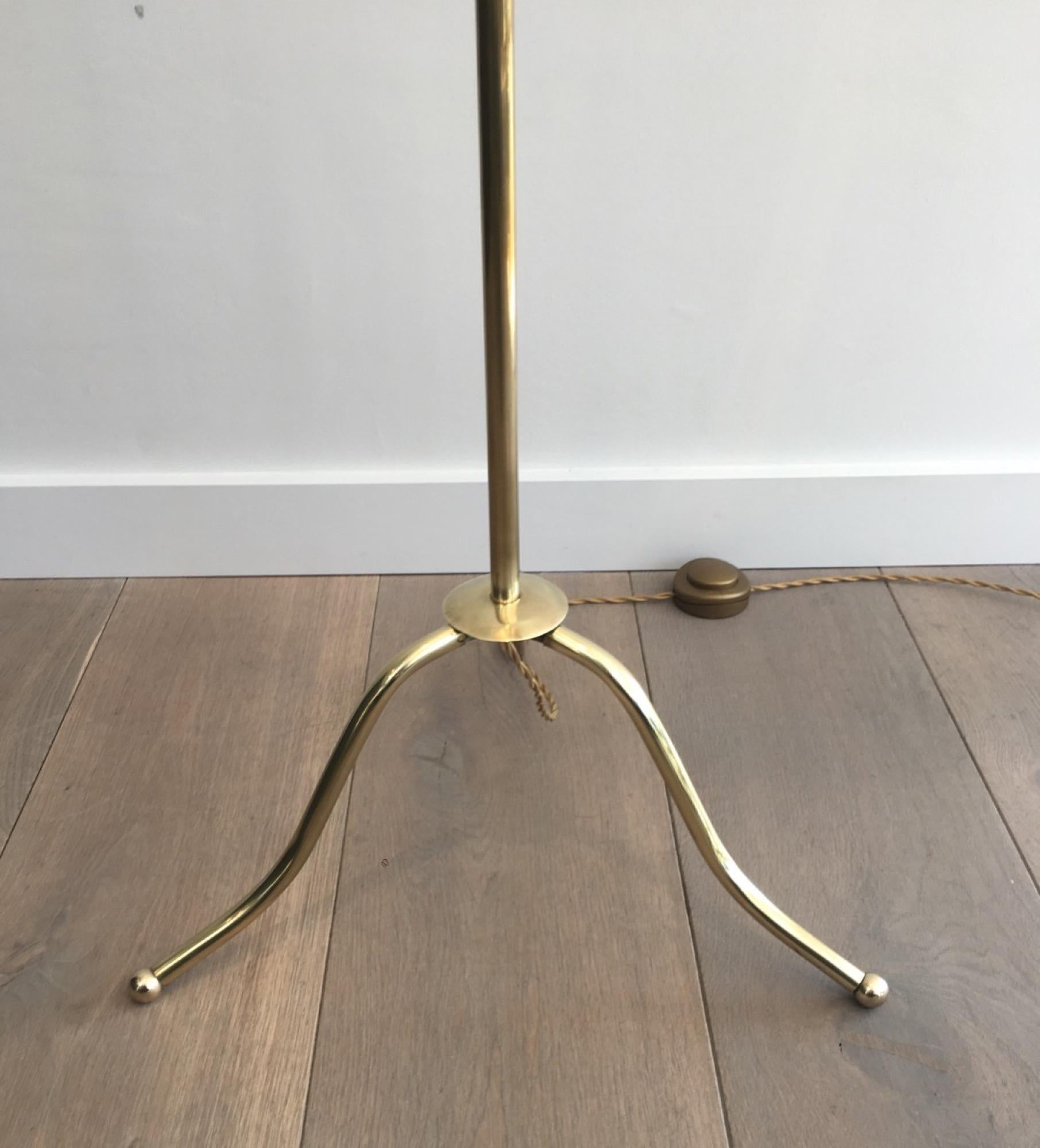 Mid-20th Century Neoclassical Tripode Brass Floor Lamp with Shade, French, circa 1940