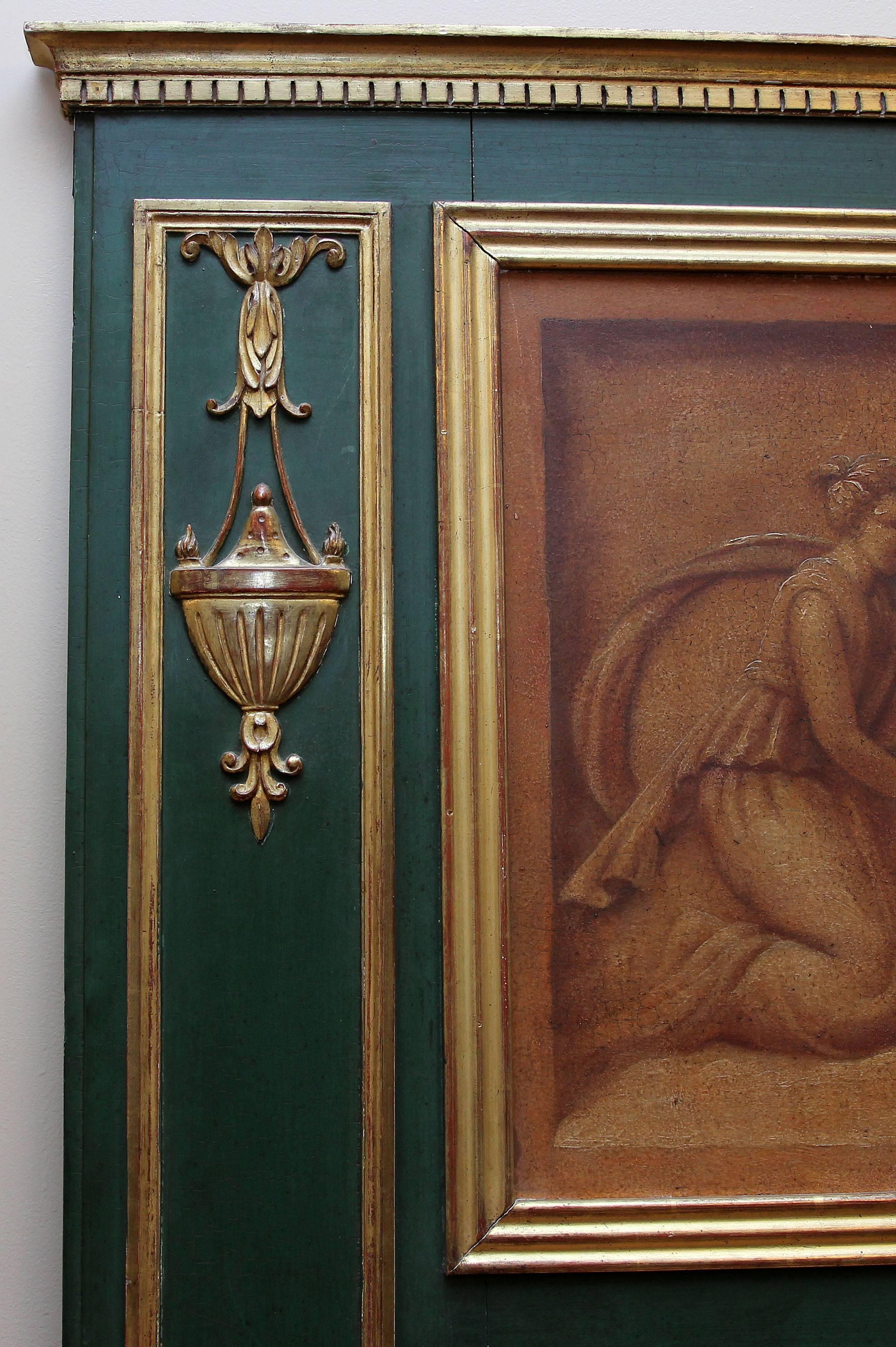 Neoclassical carved and gilt trumeau pier mirror with painted panel of cupid and classical maiden. Professionally repainted and gilded. Gilding is very fine.