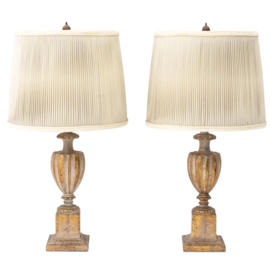 Pair of Neoclassical Giltwood Urn Table Lamps, Fluted Design