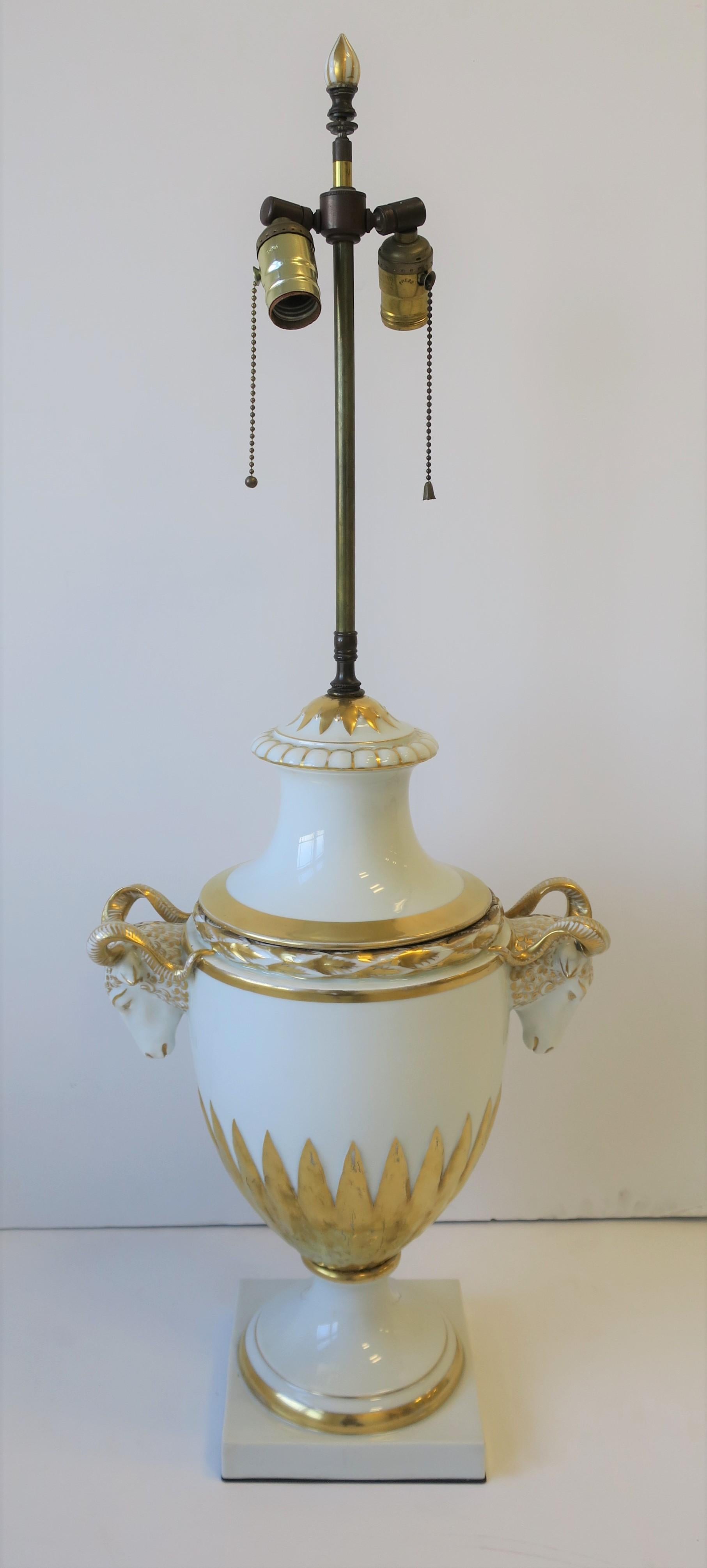 Urn and Rams Head White & Gold Porcelain Table Lamp Empire Style, German, Large For Sale 8