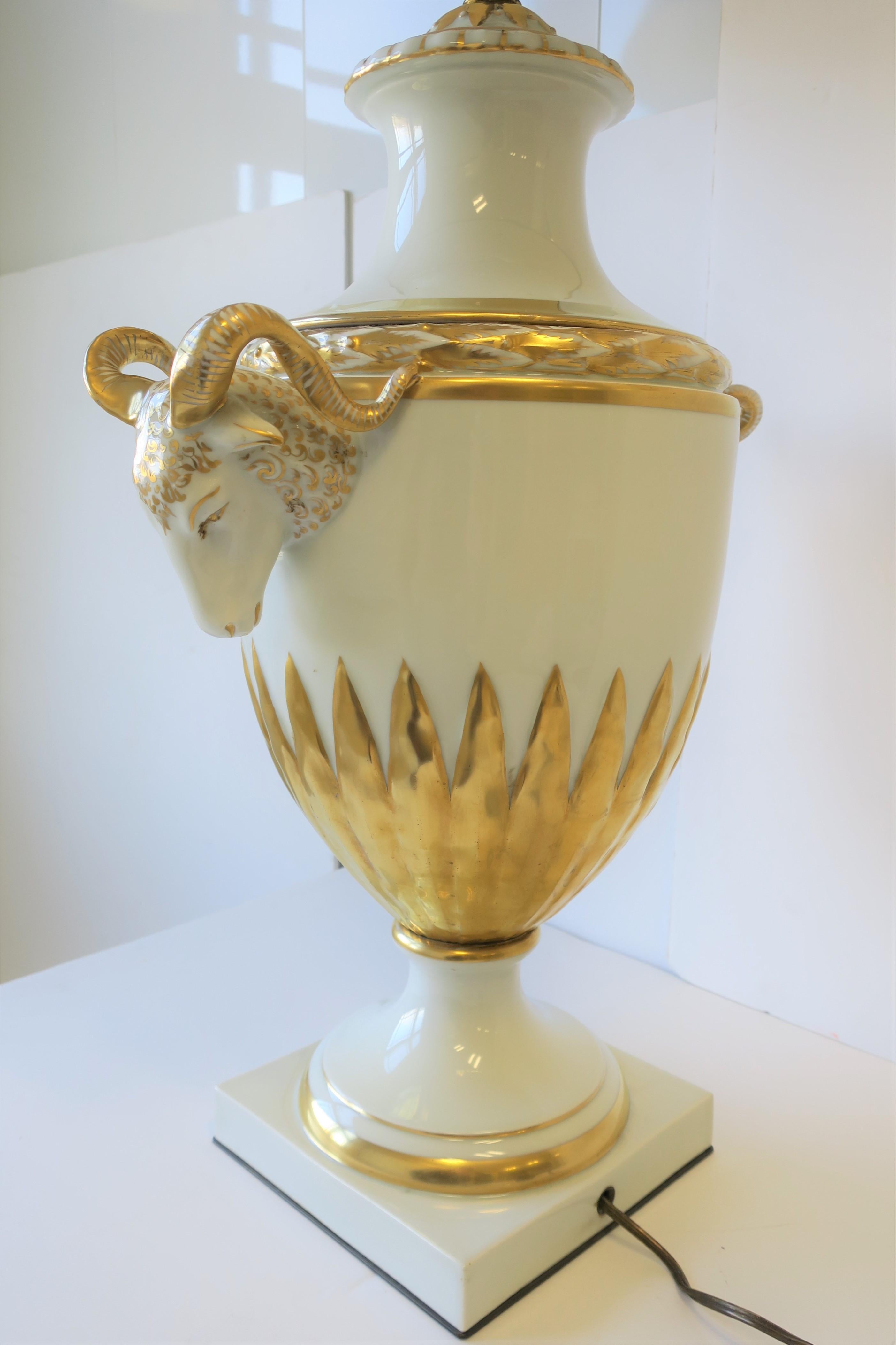 Urn and Rams Head White & Gold Porcelain Table Lamp Empire Style, German, Large For Sale 10