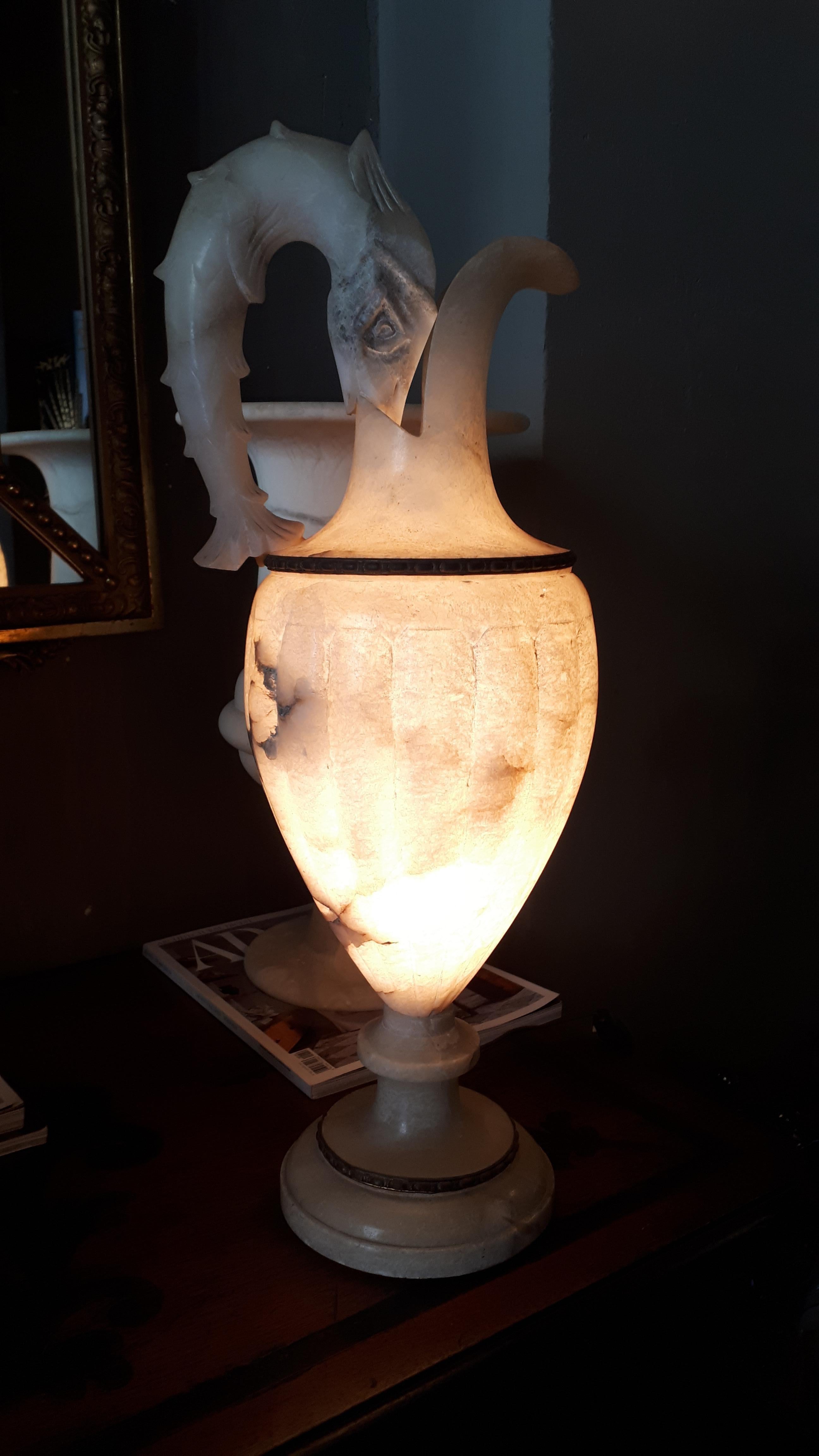Spanish Neoclassical Urn Jar Albaster Table Lamp with Fish Handle  ( Listing for M. )