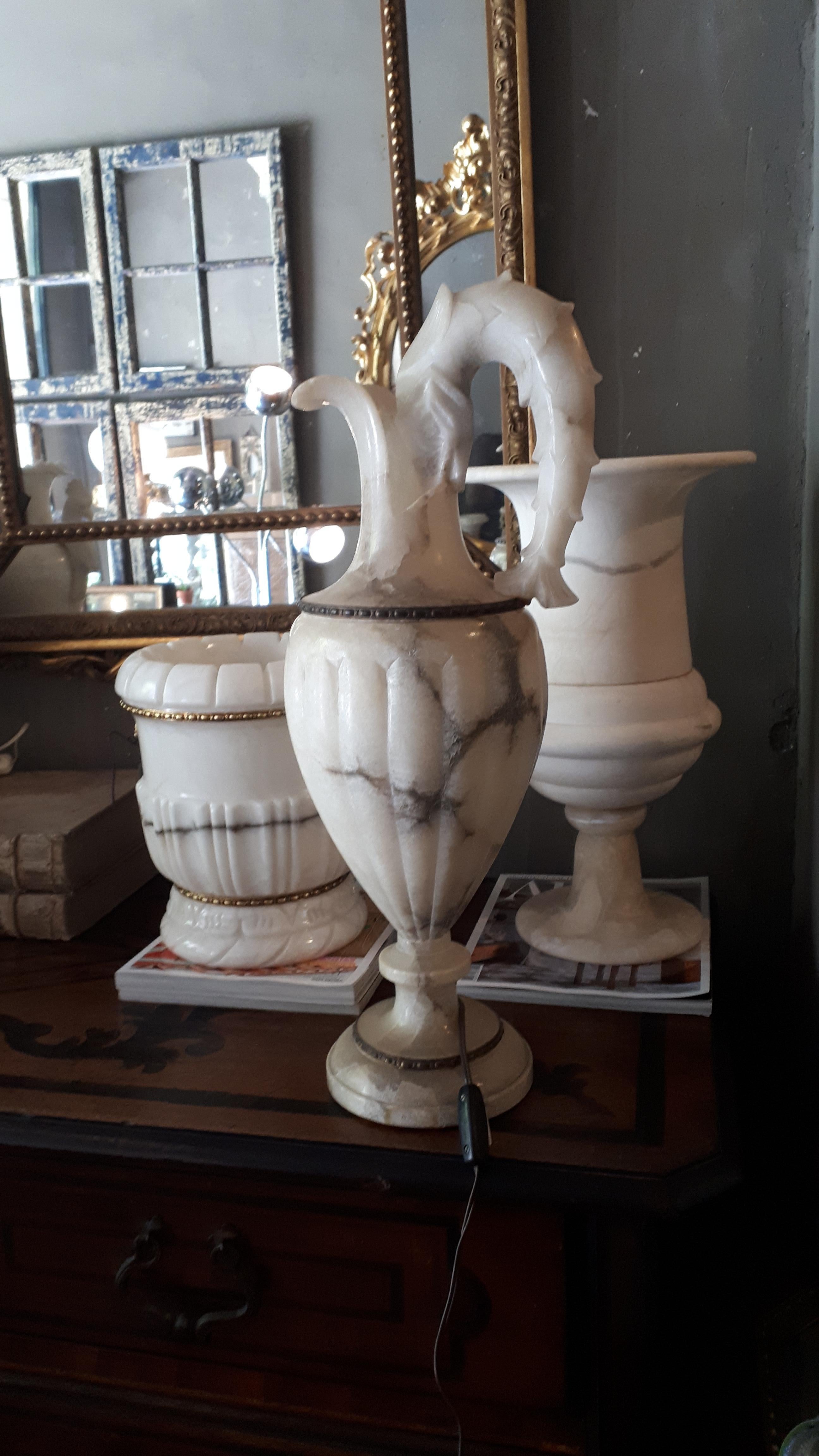Hand-Carved Neoclassical Urn Jar Albaster Table Lamp with Fish Handle  ( Listing for M. )