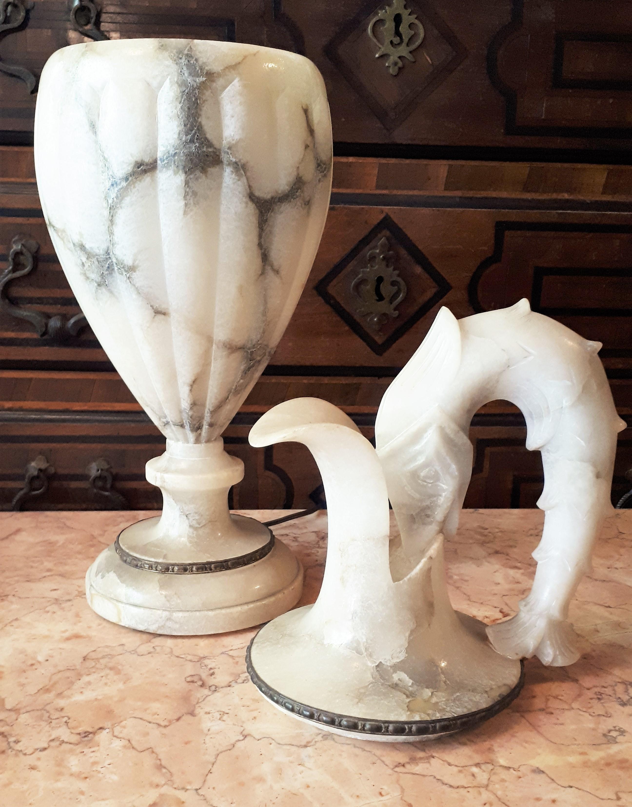 20th Century Neoclassical Urn Jar Albaster Table Lamp with Fish Handle  ( Listing for M. )