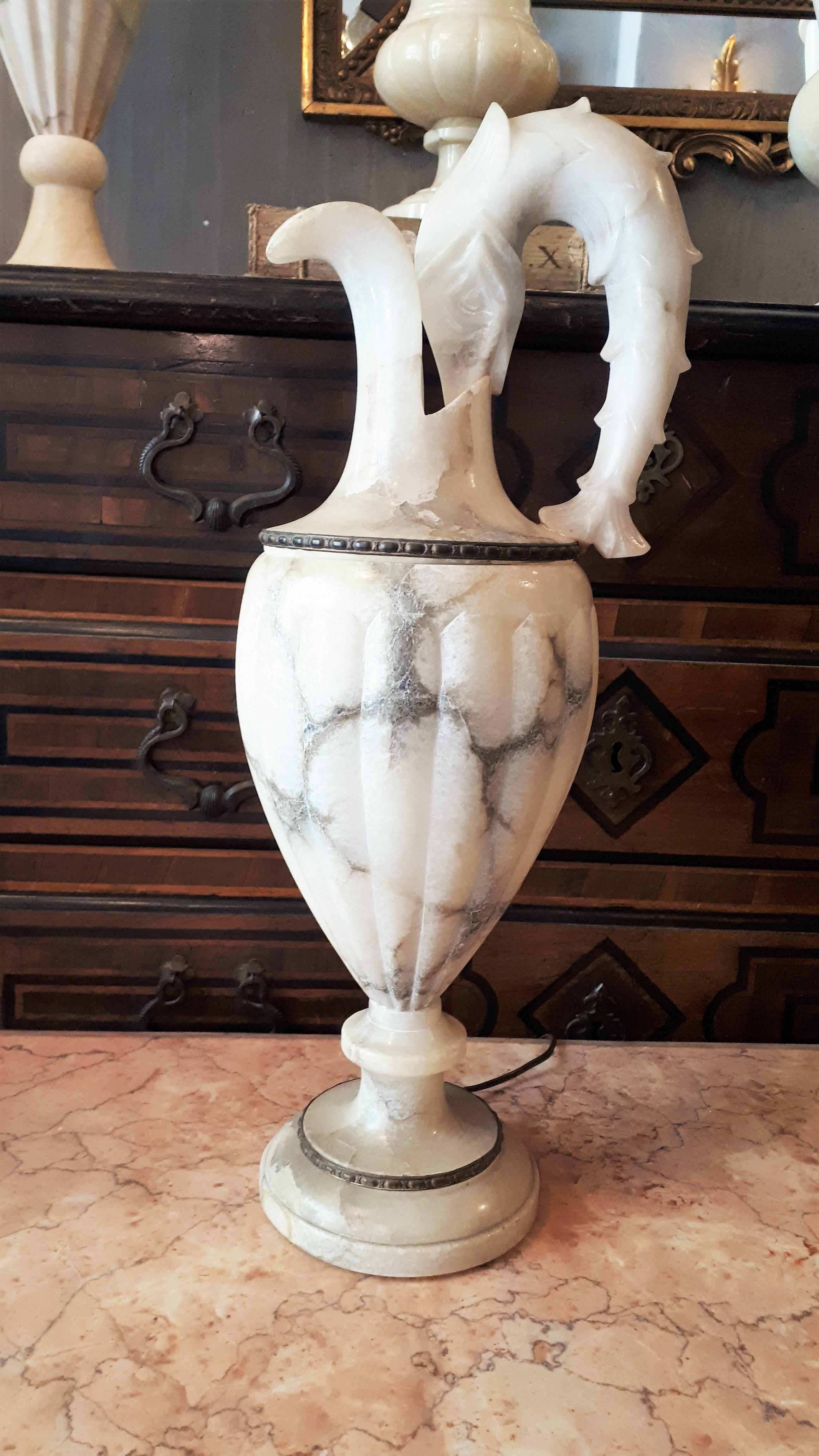 Neoclassical Urn Jar Albaster Table Lamp with Fish Handle  ( Listing for M. )