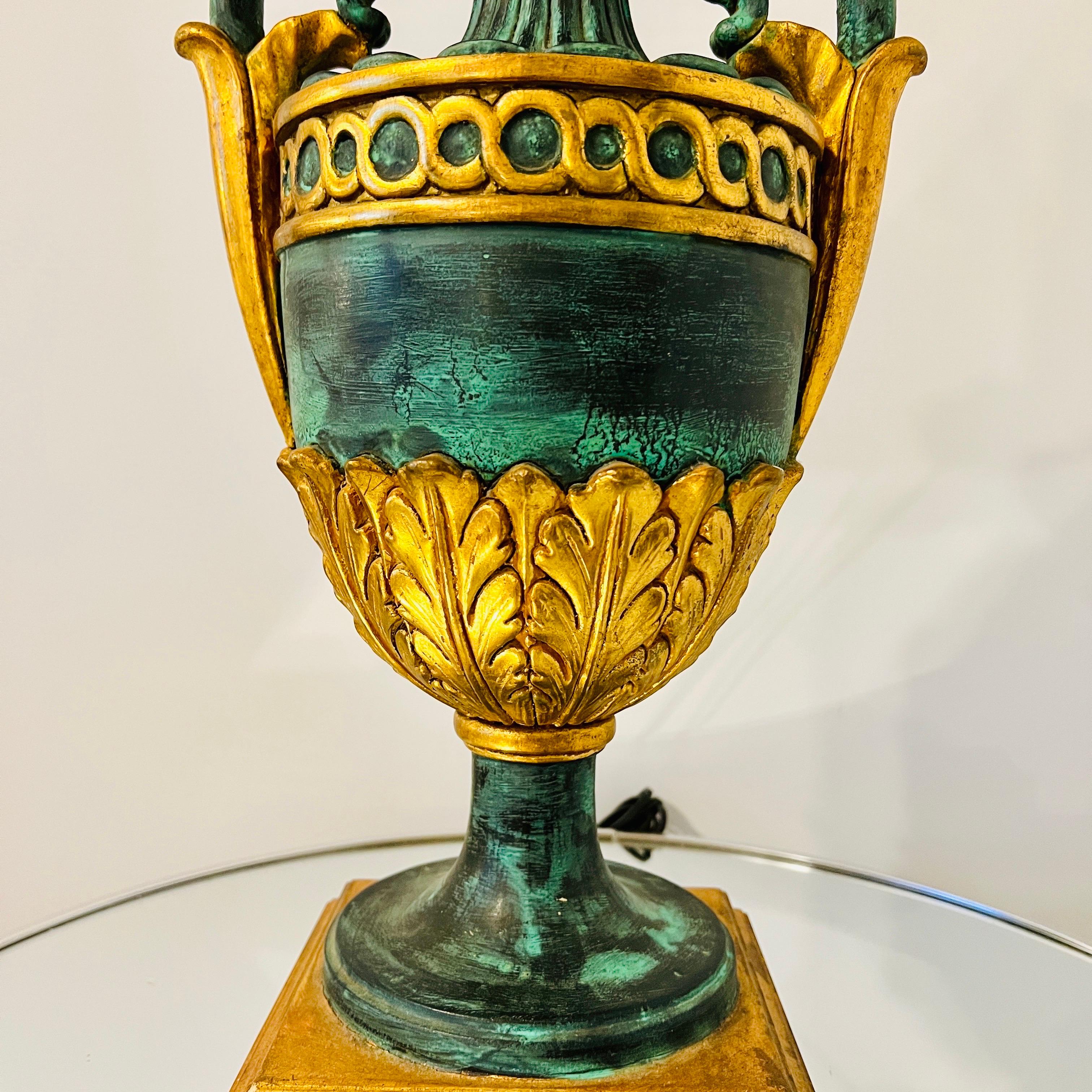 Italian Neoclassical Urn Lamp in Giltwood and Painted Verdigris, Italy, c. 1970's