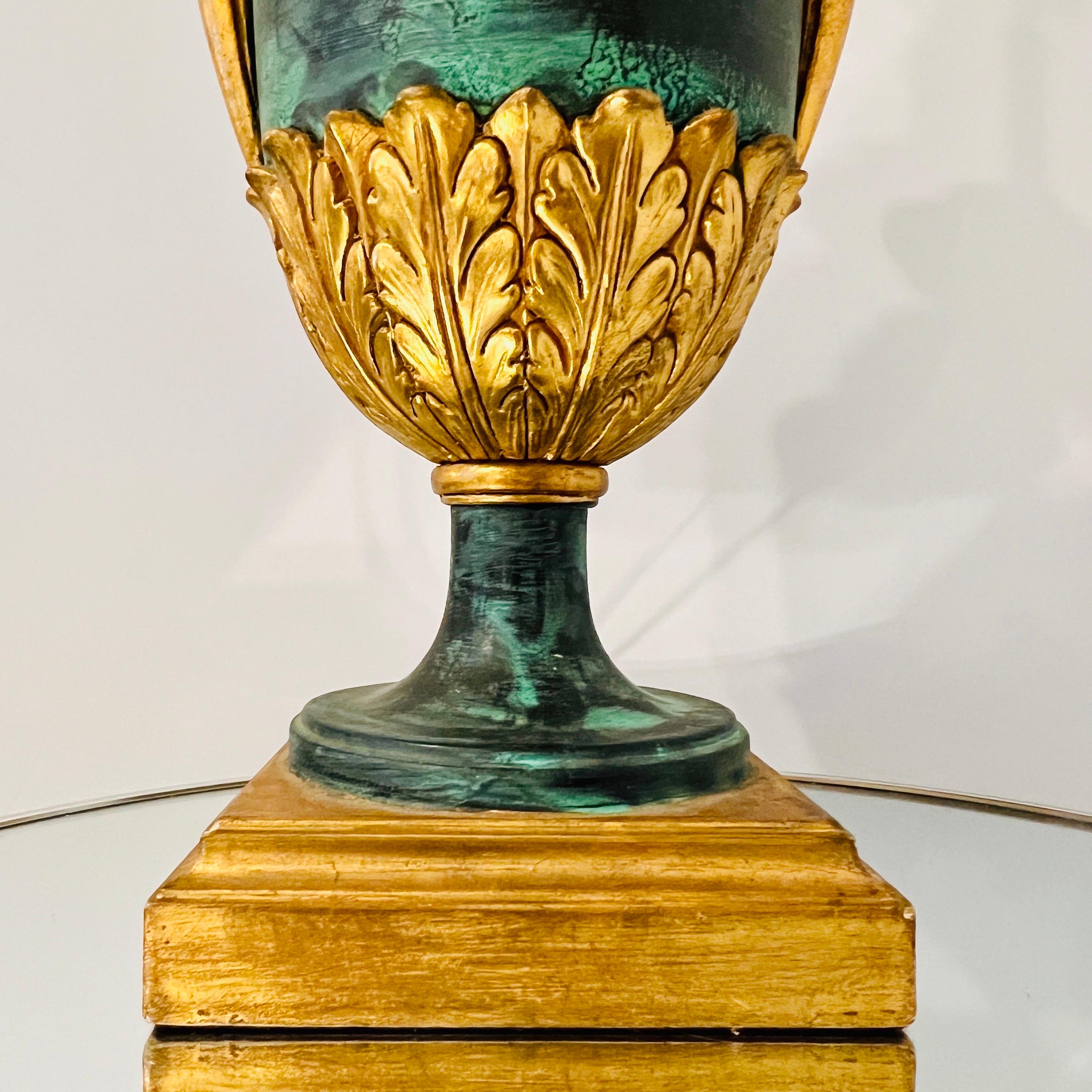 Hand-Carved Neoclassical Urn Lamp in Giltwood and Painted Verdigris, Italy, c. 1970's