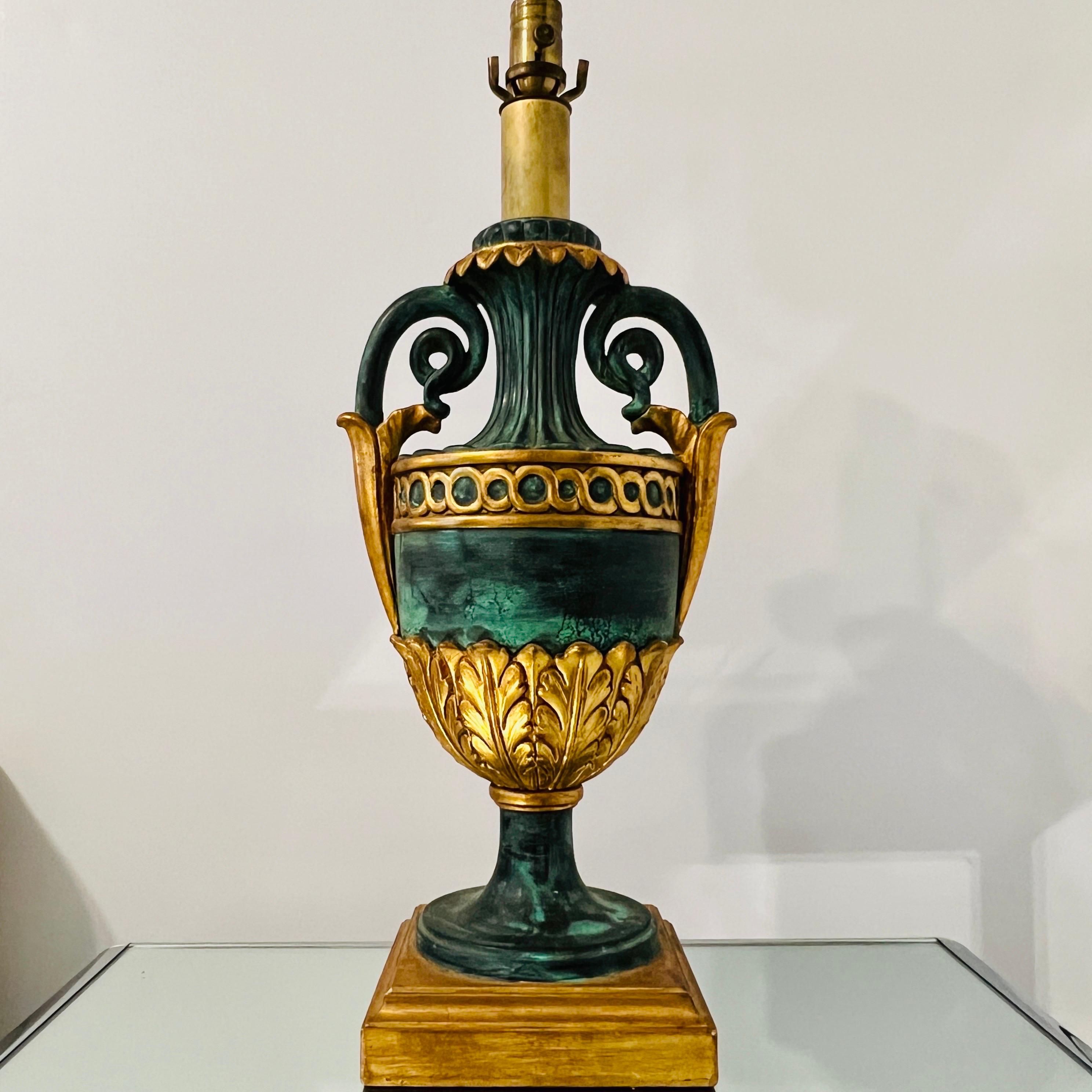 Late 20th Century Neoclassical Urn Lamp in Giltwood and Painted Verdigris, Italy, c. 1970's
