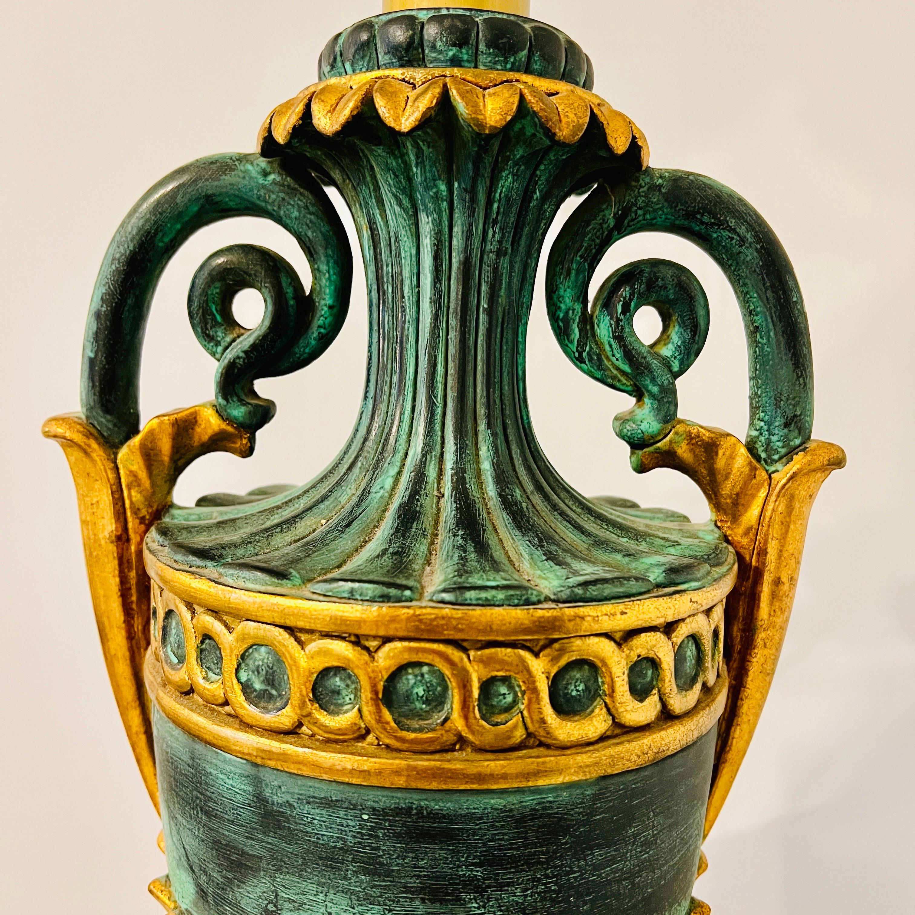 Brass Neoclassical Urn Lamp in Giltwood and Painted Verdigris, Italy, c. 1970's