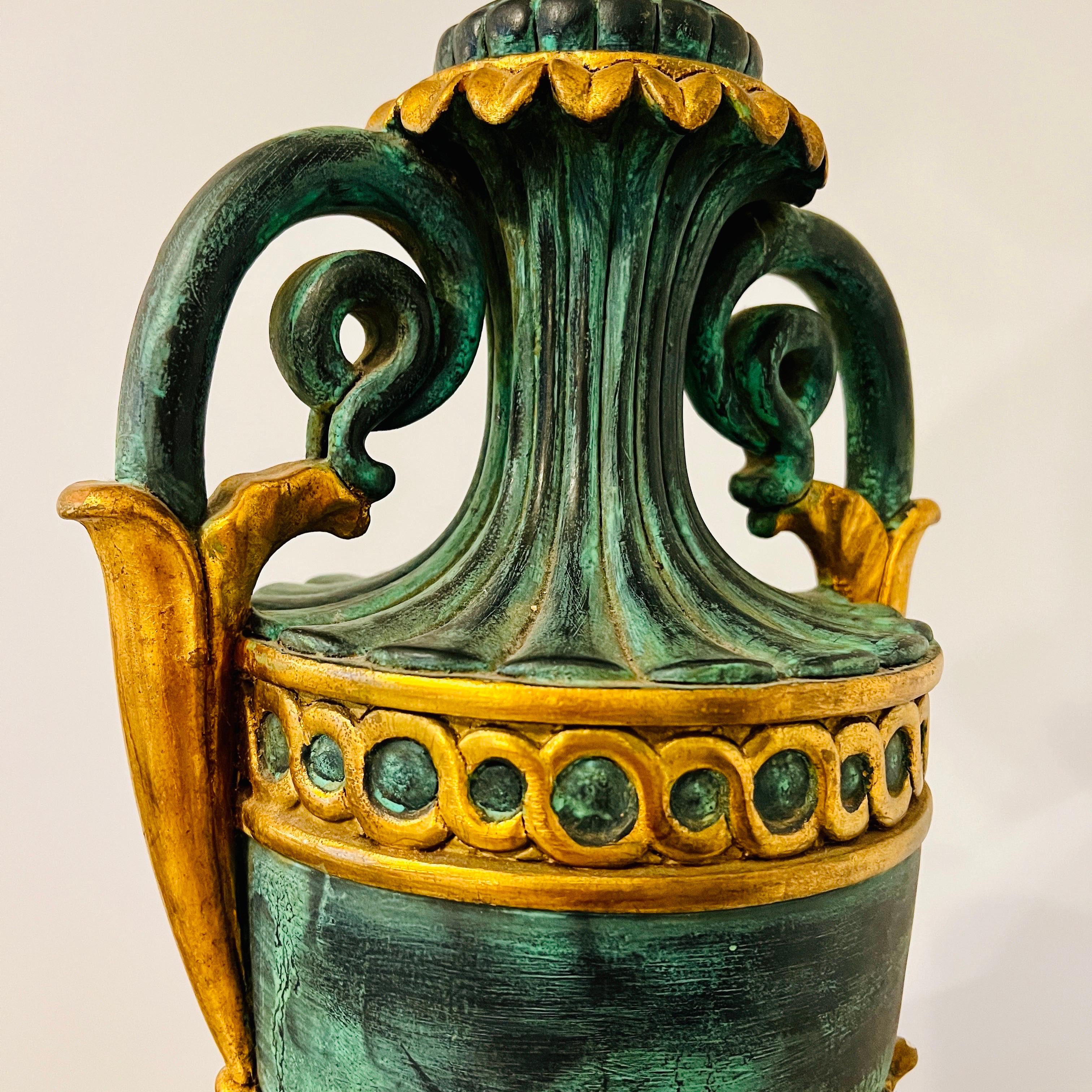Neoclassical Urn Lamp in Giltwood and Painted Verdigris, Italy, c. 1970's 1